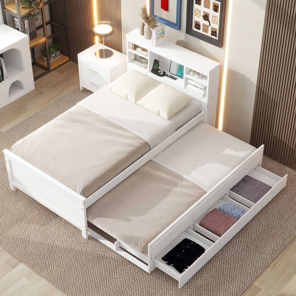 Back. Loheer - Loheer Twin Platform Bed with Storage Headboard Trundle White - White.