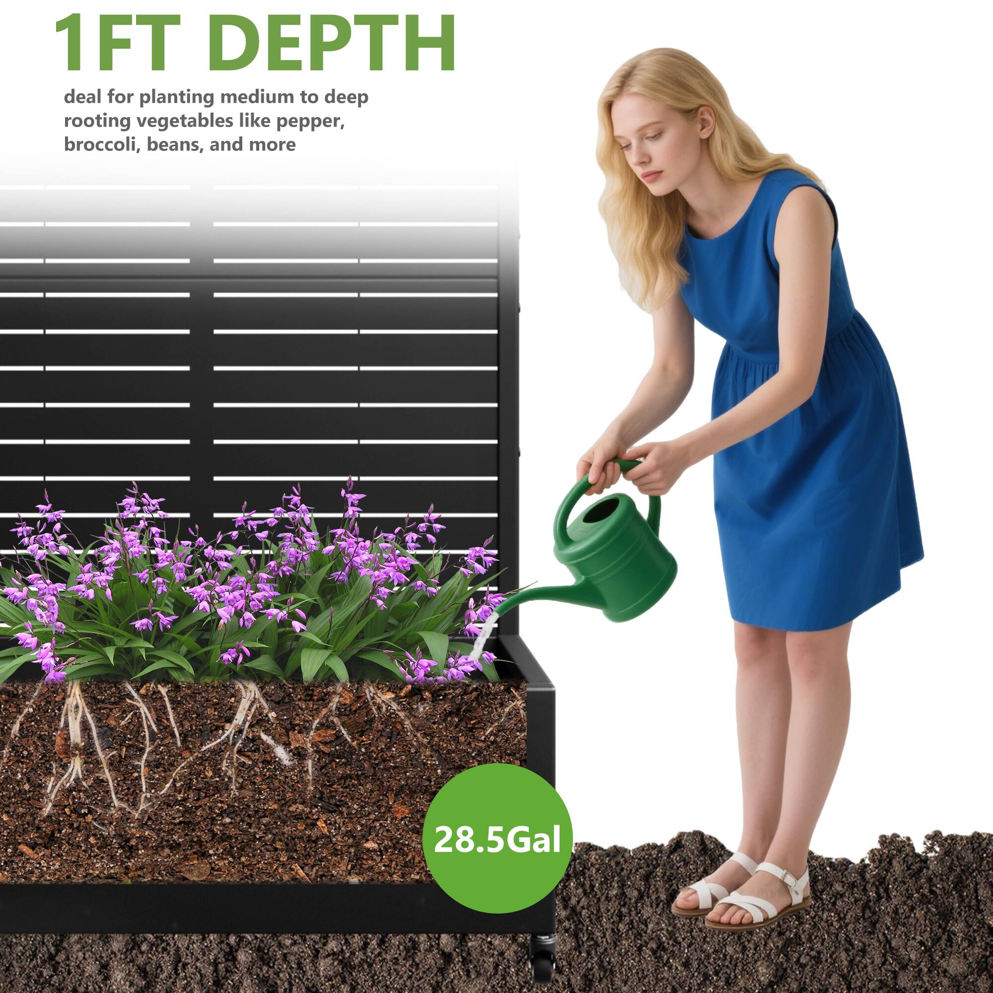 1 FT DEPTH  
deal for planting medium to deep rooting vegetables like pepper, broccoli, beans, and more  

28.5 Gal