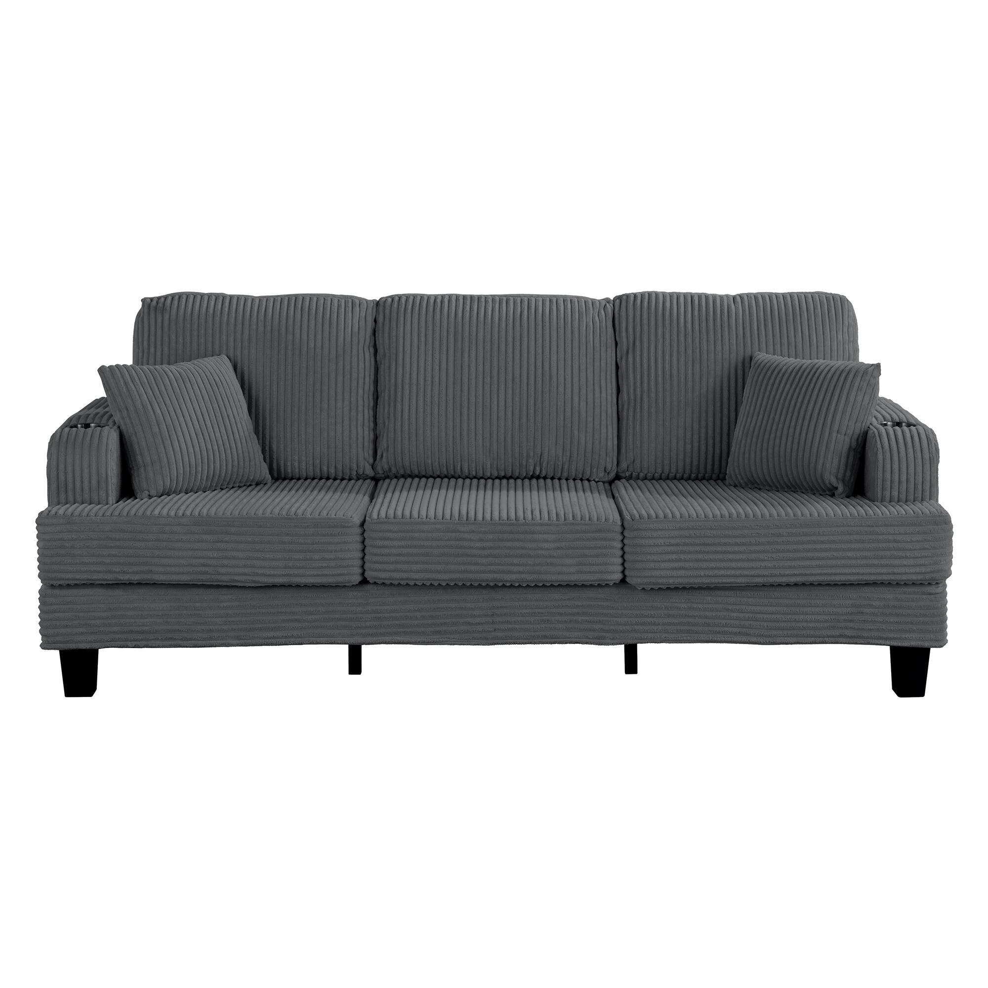 Front. Vaczon - Sofa Couch with USB Charging Ports and Cup Holders, 3-Seater Upholstered Living Room Sofa with 2 Throw Pillows - Gray.