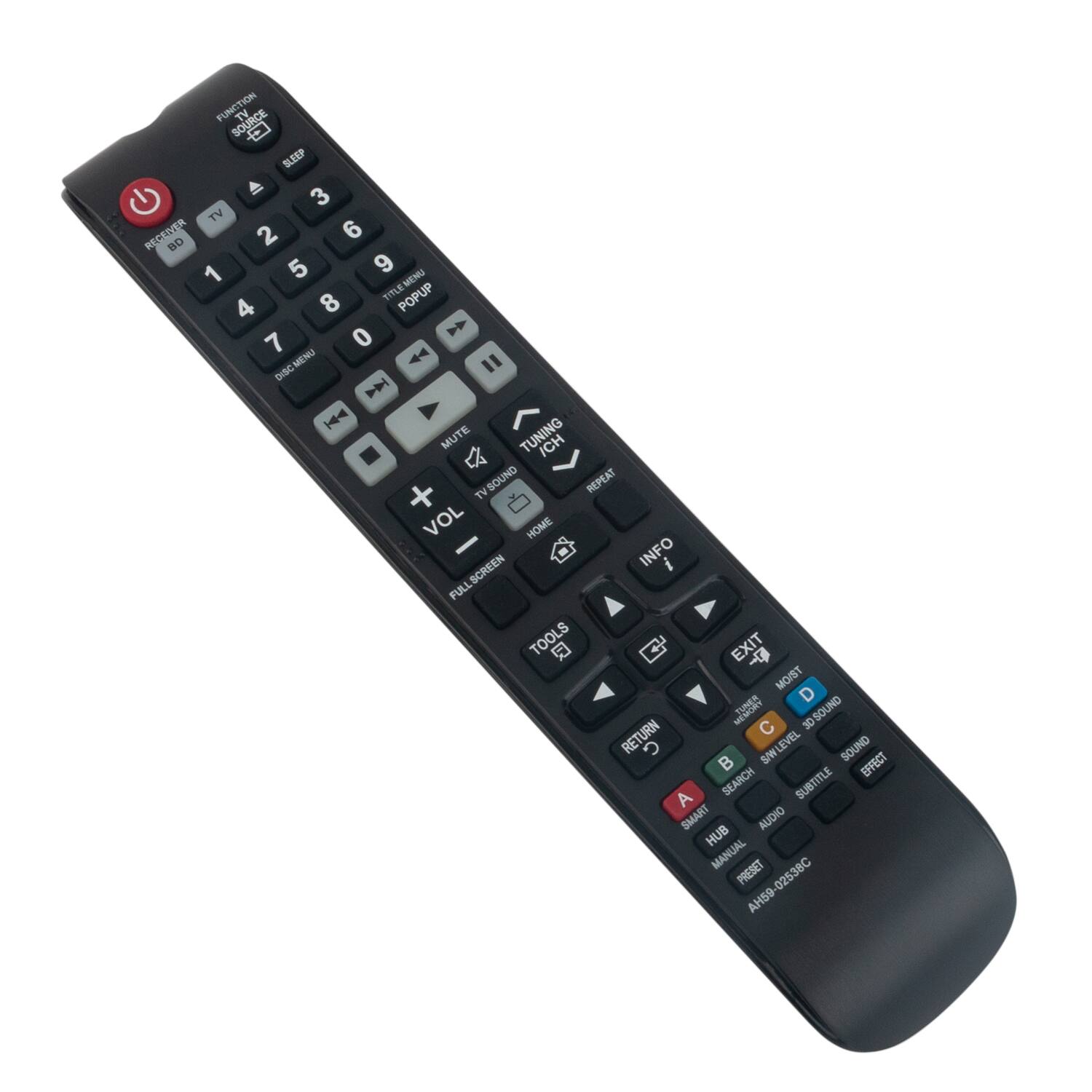 FUNCTION SOURCE TV - SLEEP A 3 TV RERENER 2 6 BO 1 5 9 TIYLEMENU MENU 8 TITLE POPUP 4 0  7 44 MENU " DIBG  |4 TE MUTI TUNING ICH - x SOUND REPEAT + TV VOL HOME INFO FULL FULLSCREEN TOOLS  EXIT + MOIST  30 30 SOUND RETURN  S/W LEVEL SOUND B EFFECT A SEARCH SUBTITLE SMART AUDIO HUB MANUAL PRESET 02538C AH59