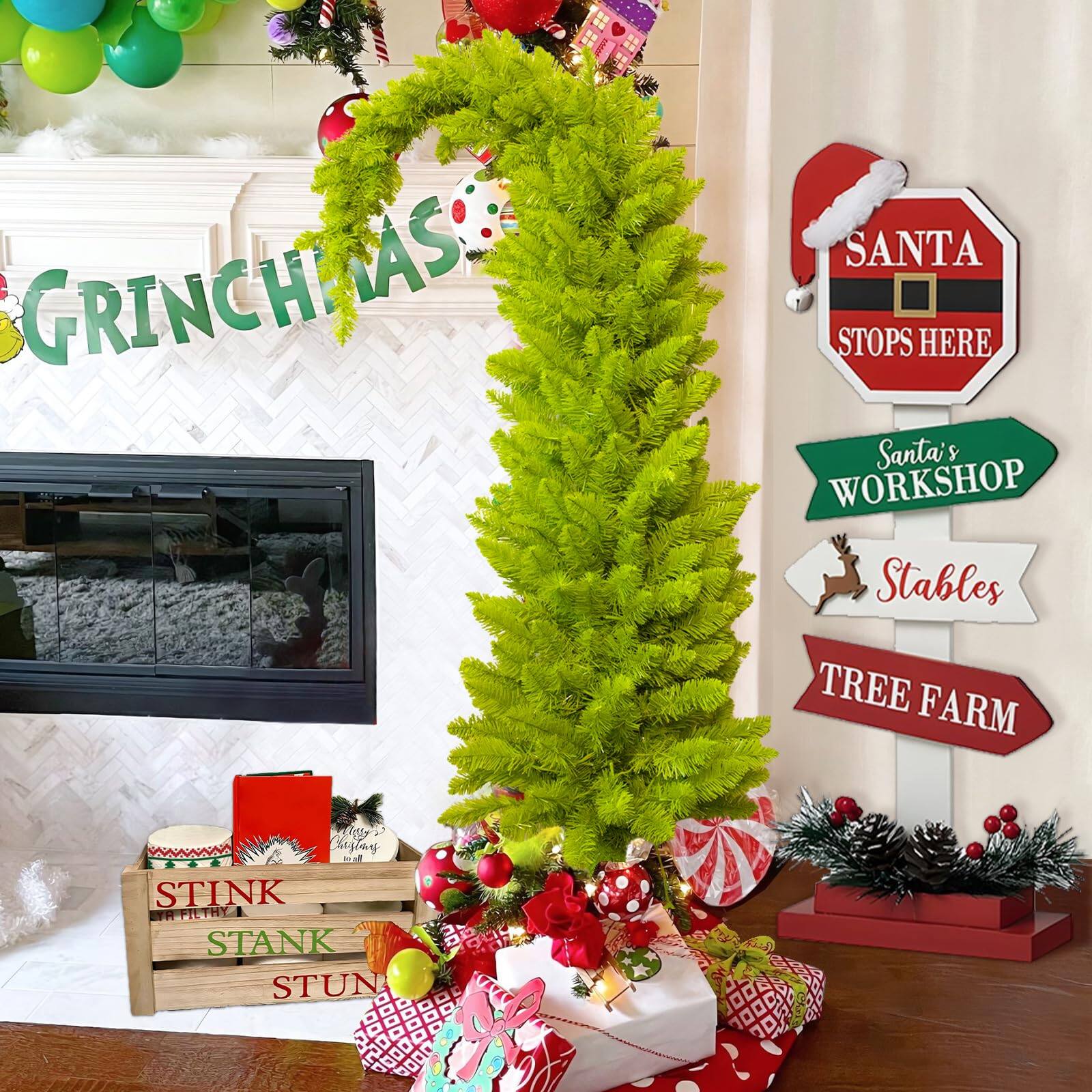 Sure, here is the corrected and grouped text from the image:

**Top Left:**
- GRINCHMAS

**Top Right:**
- SANTA STOPS HERE
- Santa's WORKSHOP
- Stables
- TREE FARM

**Bottom Left:**
- STINK
- FILTHY
- STANK
- STUNK

**Bottom Center:**
- Merry to all