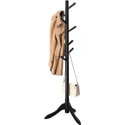 Front. SlickBlue - Space-Saving Solid Wood Coat Rack for Entryway or Bedroom - Black.