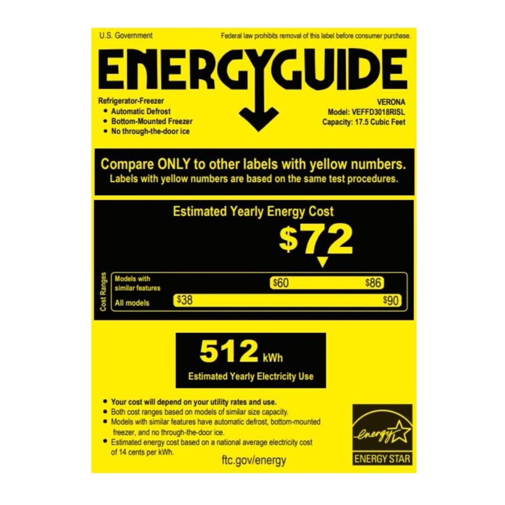 U.S. Government  
Federal law prohibits removal of this label before consumer purchase.  

ENERGYGUIDE  
Refrigerator-Freezer  
Automatic Defrost  
Bottom-Mounted Freezer  
No through-the-door ice  

VERONA  
Model: VEFFD3018RISL  
Capacity: 17.5 Cubic Feet  

Compare ONLY to other labels with yellow numbers.  
Labels with yellow numbers are based on the same test procedures.  

Estimated Yearly Energy Cost  
$72  
Models with similar features $60 $86  
All models $38 $90  

512 kWh  
Estimated Yearly Electricity Use  

Your cost will depend on your utility rates and use.  
Both cost ranges based on models of similar size capacity.  
Models with similar features have automatic defrost, bottom-mounted freezer, and no through-the-door ice.  
Estimated energy cost based on a national average electricity cost of 14 cents per kWh.  

ftc.gov/energy  
ENERGY STAR