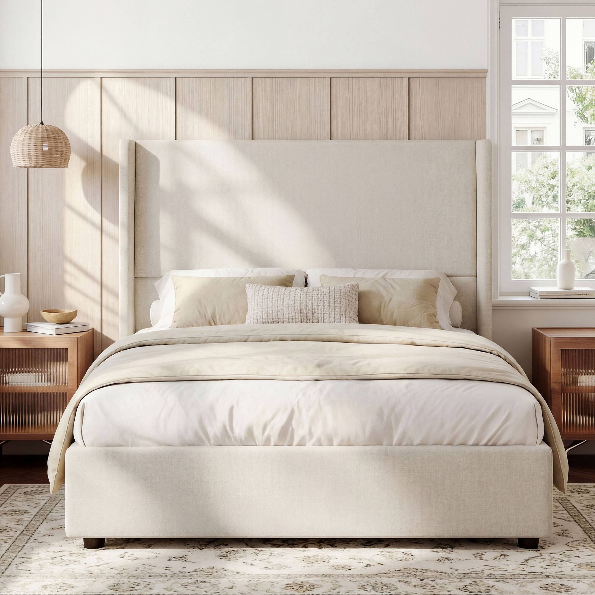 Angle. Dyonery - Queen-Size Padded Platform Bed Frame with Hydraulic Storage / Modern Winged Headboard / No Mattress Required. - Beige.