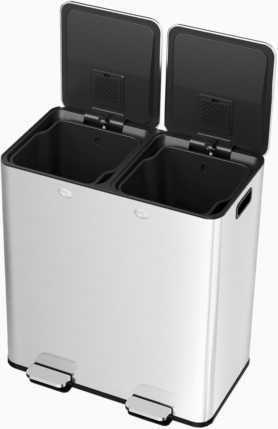 Front. Acekool - 16 Gallon Dual Compartment Stainless Steel Trash Can with Step Pedal, Soft-Close Lid & Removable Buckets - Silver.