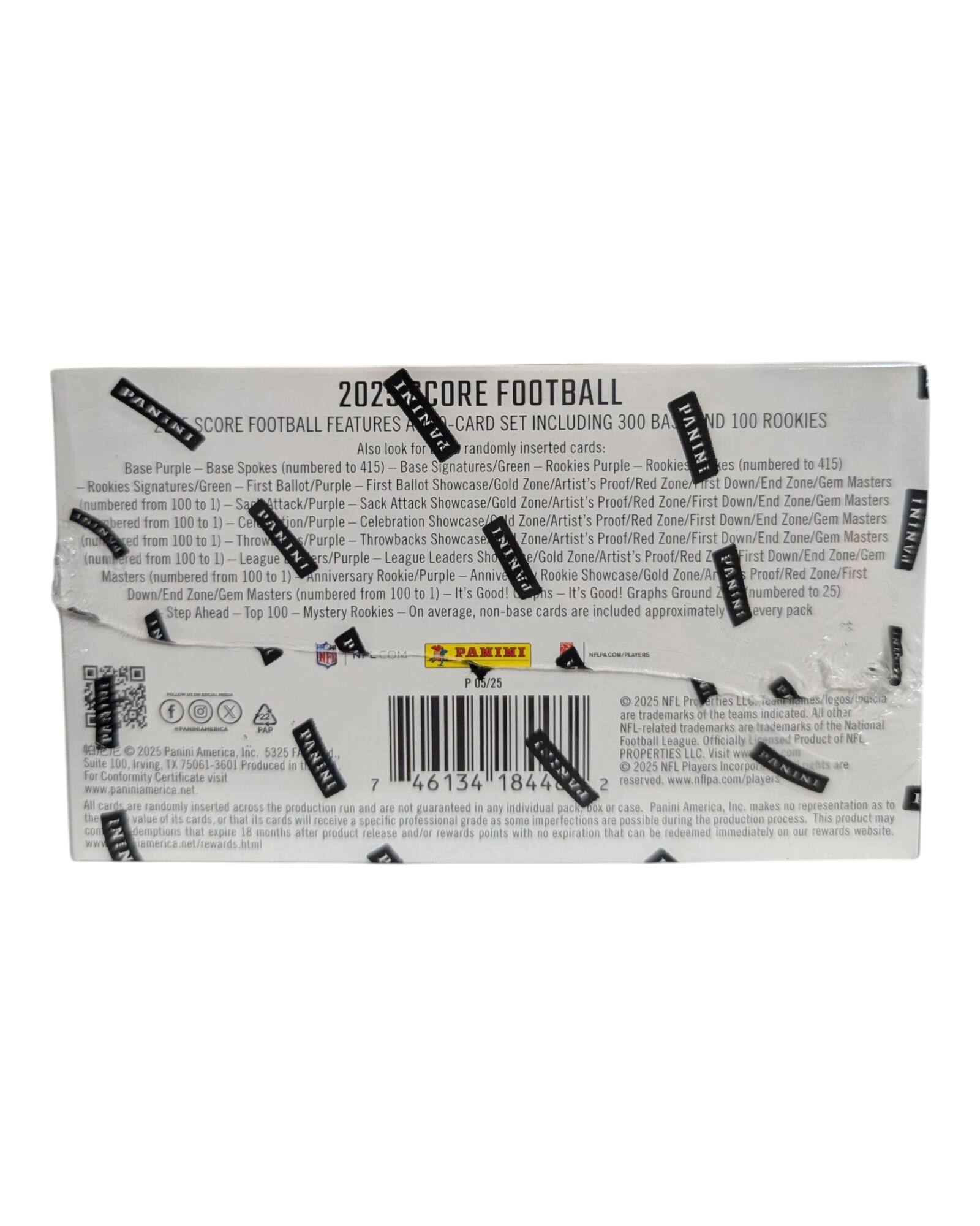2023 Score Football  
Score Football Features Card Set Including 300 Base and 100 Rookies  

Base Purple - Base Spokes (numbered to 415)  
Base Signatures/Green - Rookie Signatures/Green  
First Ballot/Purple - First Ballot Showcase/Gold Zone/Artist's Proof/Red Zone  
Sack Attack/Purple - Sack Attack Showcase/Gold Zone/Artist's Proof/Red Zone  
Celebration/Purple - Celebration Showcase/Gold Zone/Artist's Proof/Red Zone  
Throwbacks/Purple - Throwbacks Showcase/Gold Zone/Artist's Proof/Red Zone  
League Leaders/Purple - League Leaders Showcase/Gold Zone/Artist's Proof/Red Zone  
Anniversary Rookie/Purple - Anniversary Rookie Showcase/Gold Zone/Artist's Proof/Red Zone  
Step Ahead - Top 100 - Mystery Rookies  

Also look for randomly inserted cards:  
Base Purple - Base Spokes (numbered to 415)  
Base Signatures/Green - Rookie Signatures/Green  
First Ballot/Purple - First Ballot Showcase/Gold Zone/Artist's Proof/Red Zone  
Sack Attack/Purple - Sack Attack Showcase/Gold Zone/