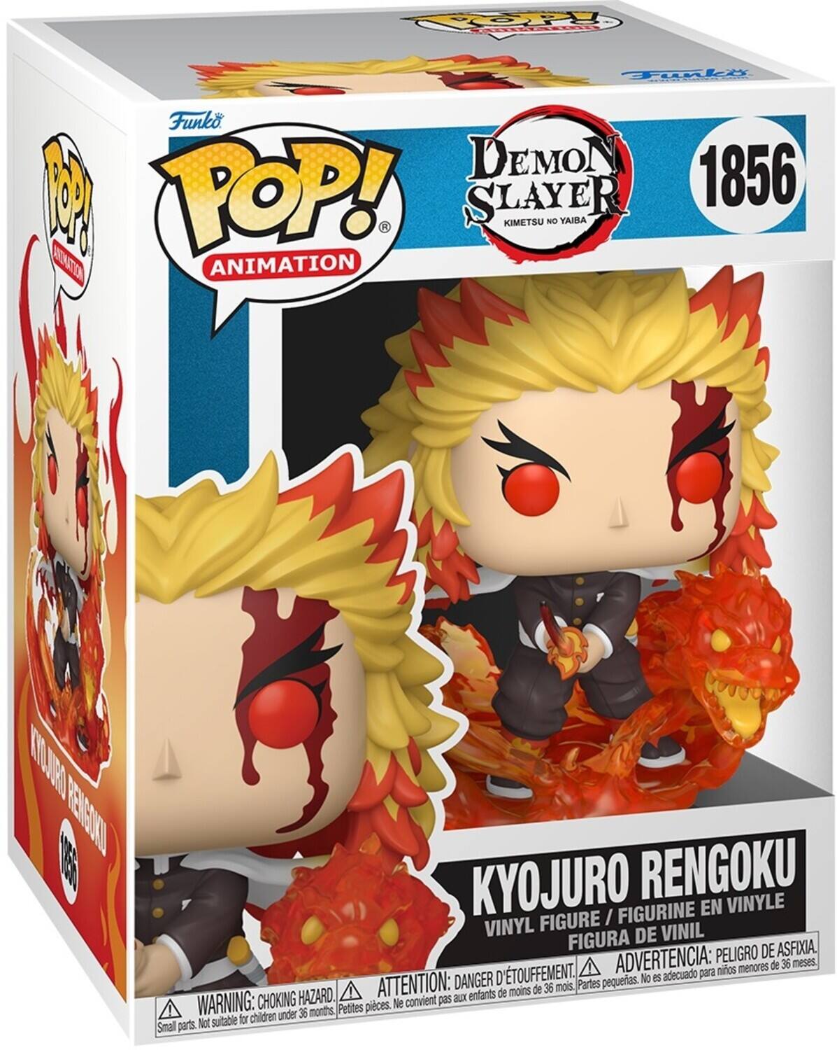 Sure, here is the corrected and grouped text from the image:

---

**Funko POP! ANIMATION**

**DEMON SLAYER KIMETSU NO YAIBA**

**1856**

**KYOJURO RENGO KU**

**VINYL FIGURE / FIGURINE EN VINYLE / FIGURA DE VINIL**

**WARNING: CHOKING HAZARD. Small parts. Not suitable for children under 36 months.**

**ATTENTION: DANGER D'ÉTOUFFEMENT. Petites pièces. Ne convient pas aux enfants de moins de 36 mois.**

**ADVERTENCIA: PELIGRO DE ASFIXIA. Partes pequeñas. No es adecuado para niños menores de 36 meses.**

---

This text is organized to reflect the information on the packaging.