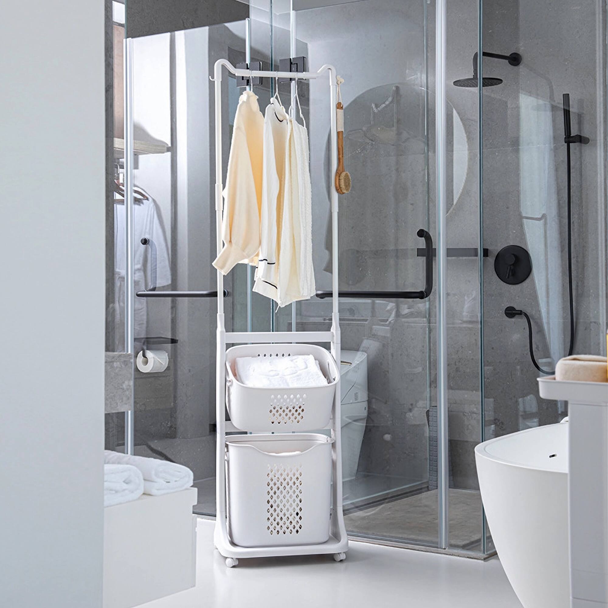 Left. ELEMENT ACE - 2-Tier Laundry Hamper Sorter with Hanging Bar and Rolling Wheels for Efficient Clothes Organization - White.