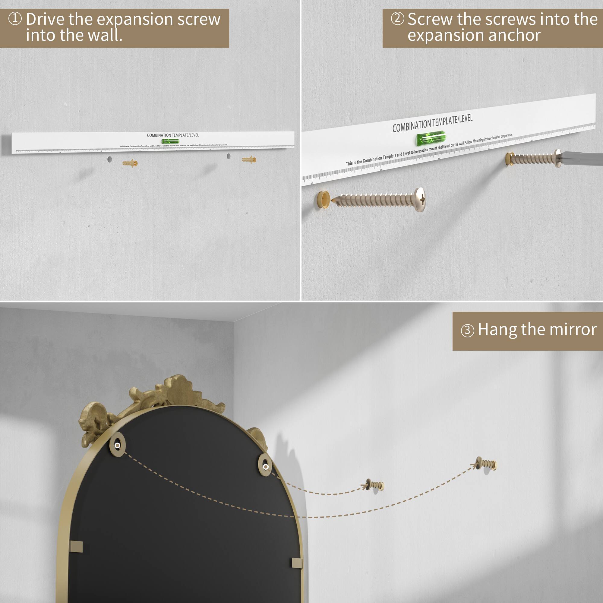1. Drive the expansion screw into the wall.
2. Screw the screws into the expansion anchor.
3. Hang the mirror.