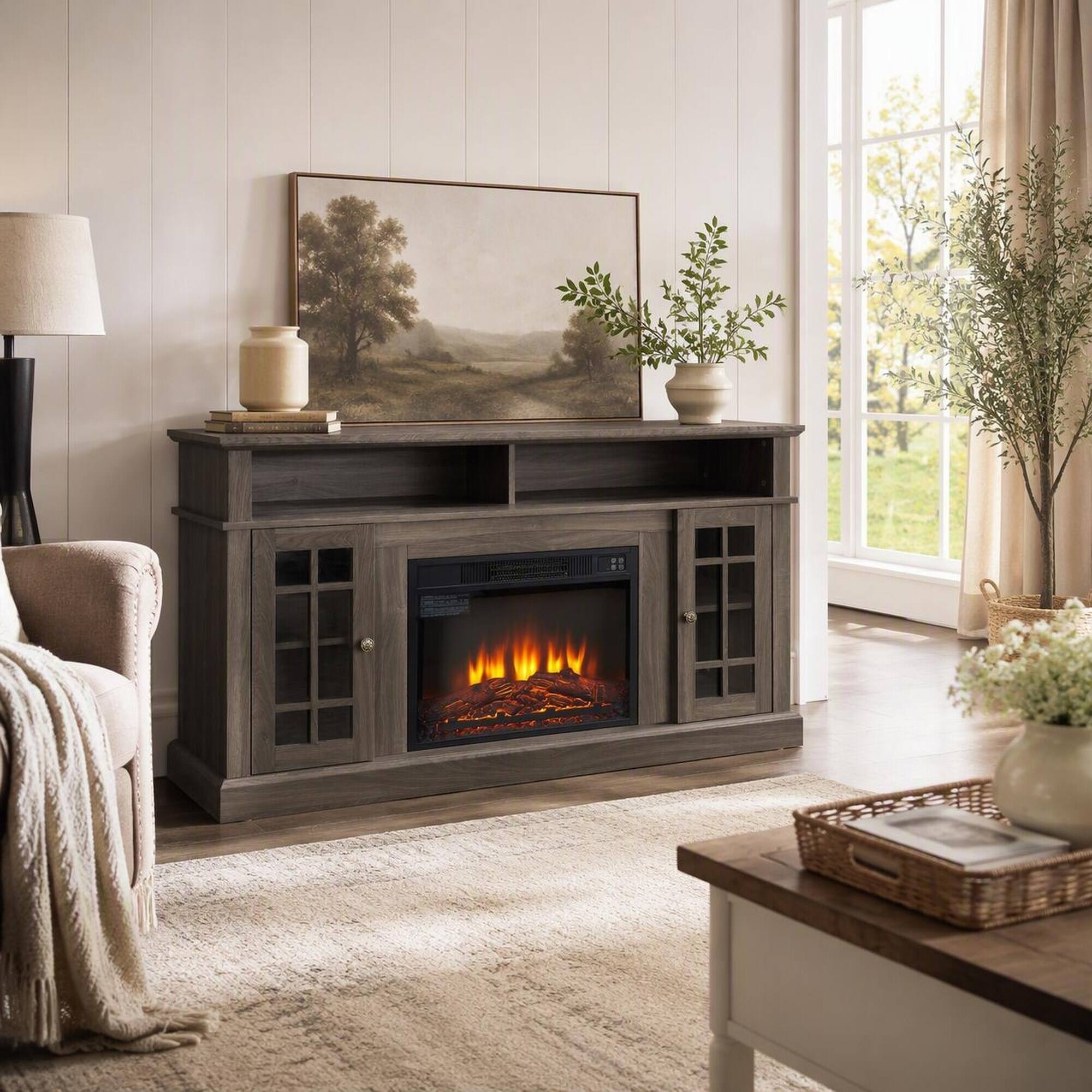 Angle. RYHNUYNE - Dark Walnut Media Console with 23-Inch Electric Fireplace, Fits TVs Up to 65 Inches, Adjustable Shelves - Black.