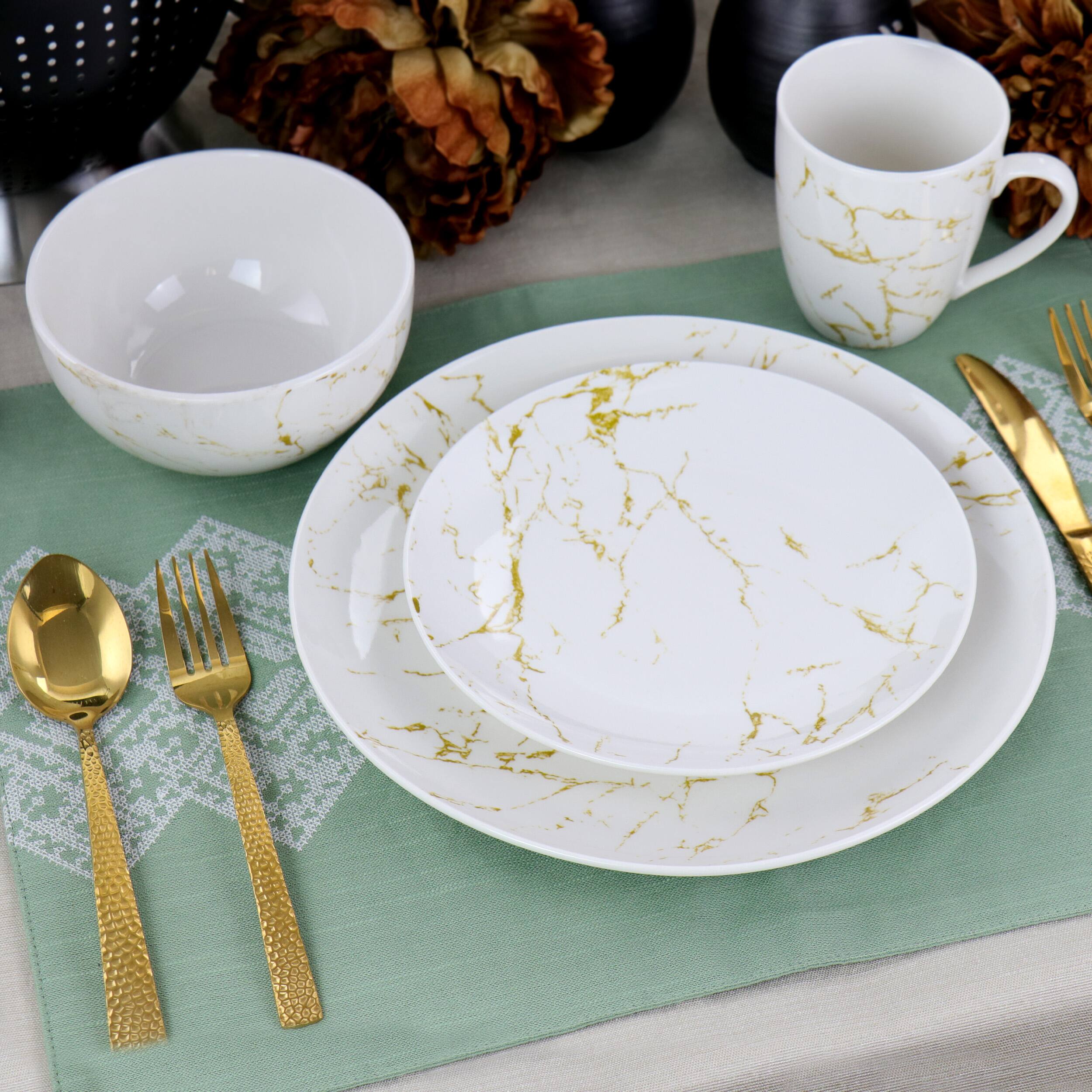 Alt View 7. Elama - Elama Fine Marble 16 Piece Stoneware Dinnerware Set in Gold and White - Gold and White.