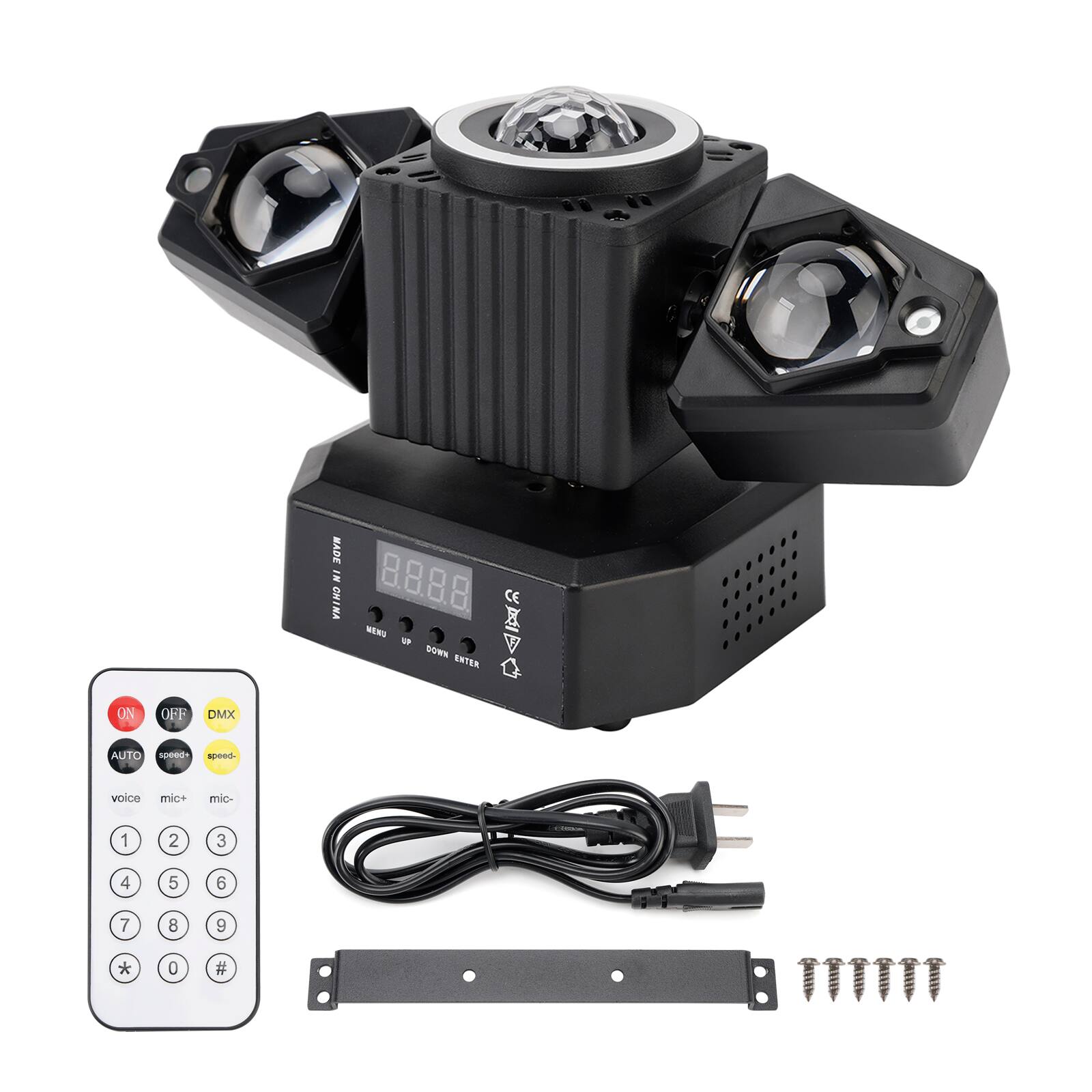 ON  
OFF  
DMX  
MADE IN CHINA  
MENU UP DOWN ENTER  

AUTO  
speed+  
speed-  
voice  
mic+  
mic-  

1  
2  
3  
4  
5  
6  
7  
8  
9  
0  
#