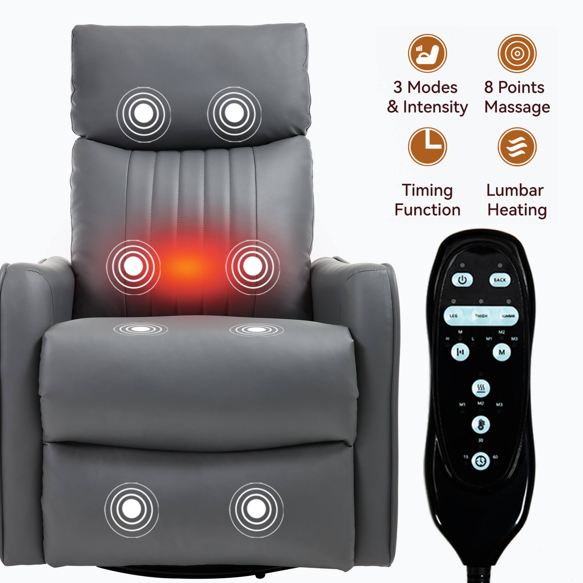 3 Modes & Intensity  
8 Points Massage  
Timing Function  
Lumbar Heating