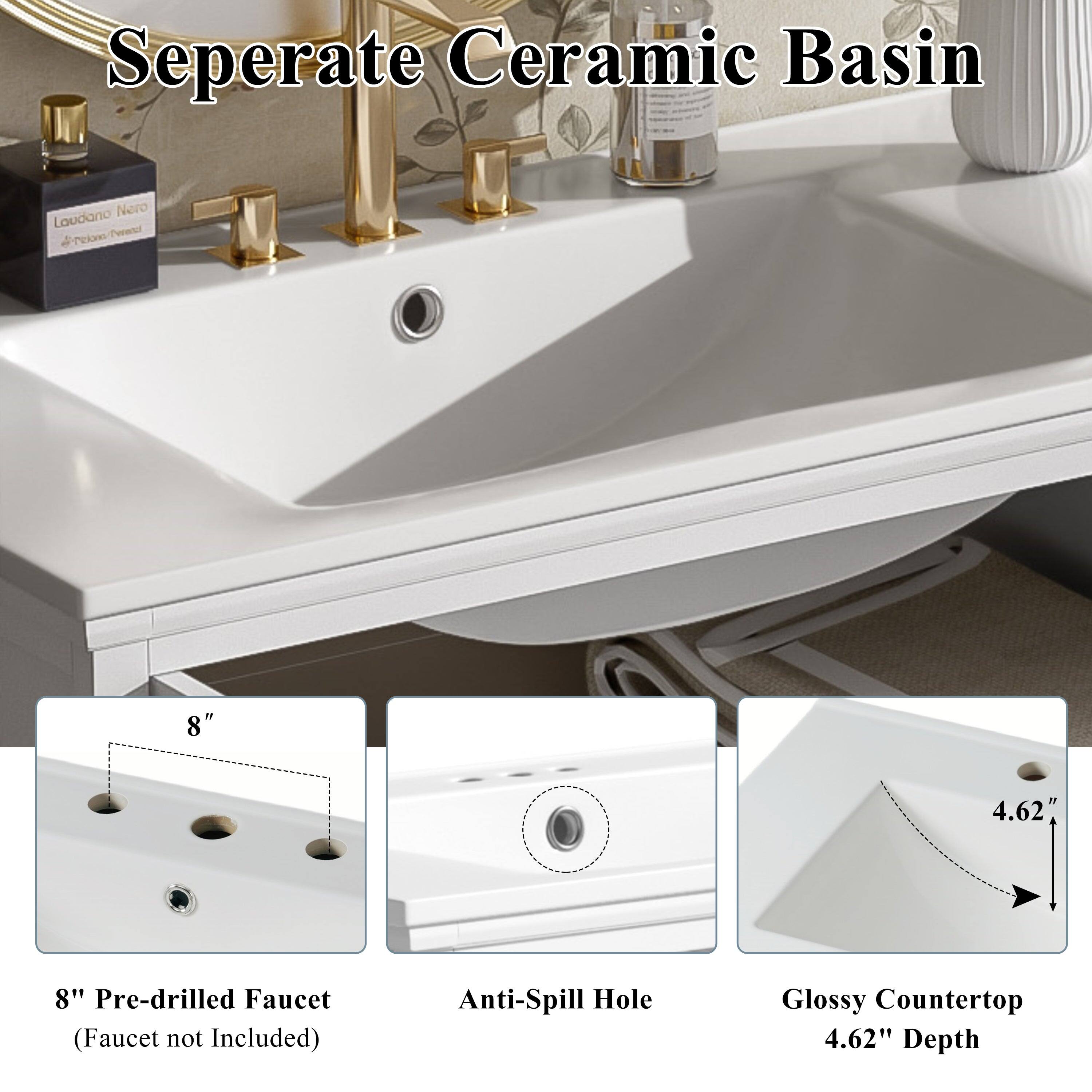 Separate Ceramic Basin

- Nero Laudano rim
- 8" Pre-drilled Faucet (Faucet not Included)
- Anti-Spill Hole
- Glossy Countertop
- 4.62" Depth