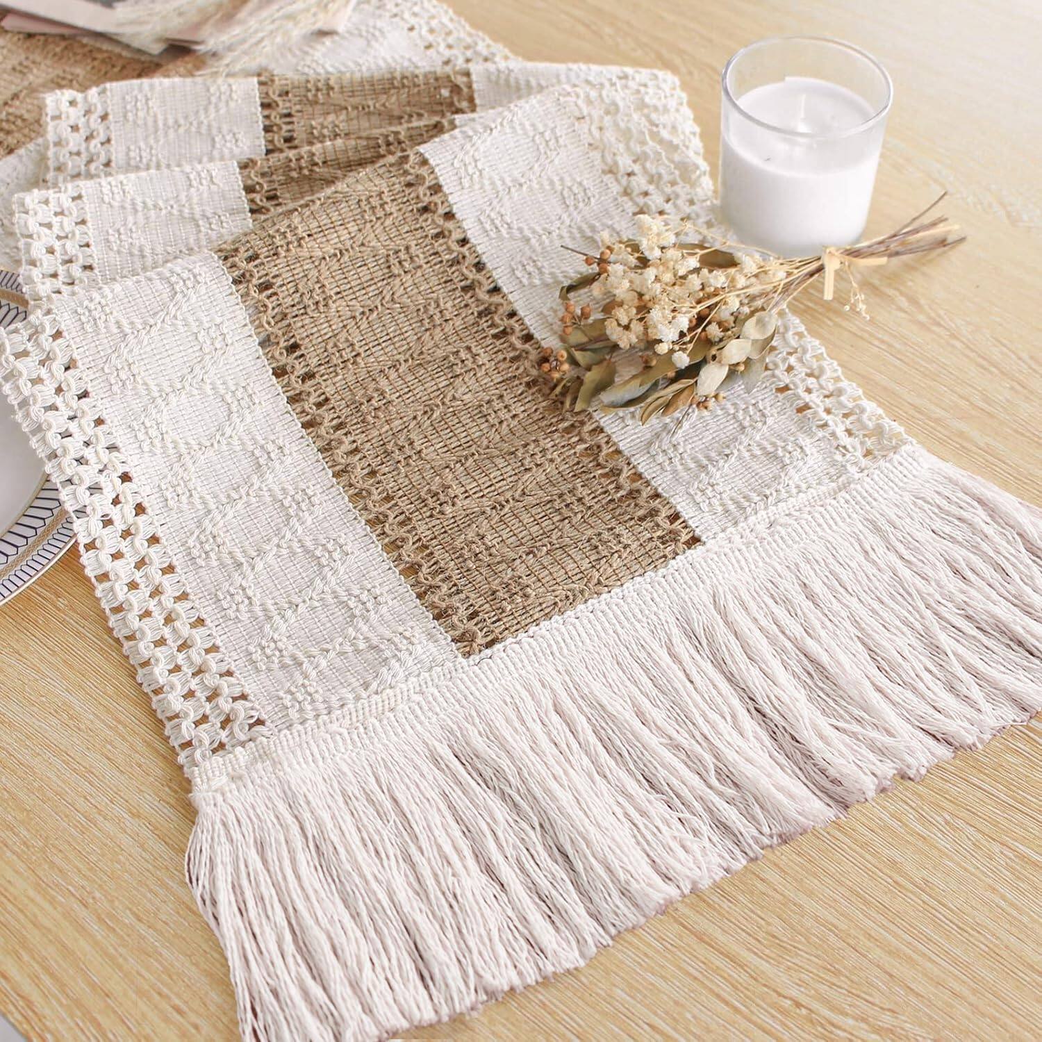 Front. Paradigms Interiors - Boho Table Runner For Fall Thanksgiving Home Decor With Tassels Long Pottery Barn Furniture Farmhouse Rusti... - White & Brown-12x72".
