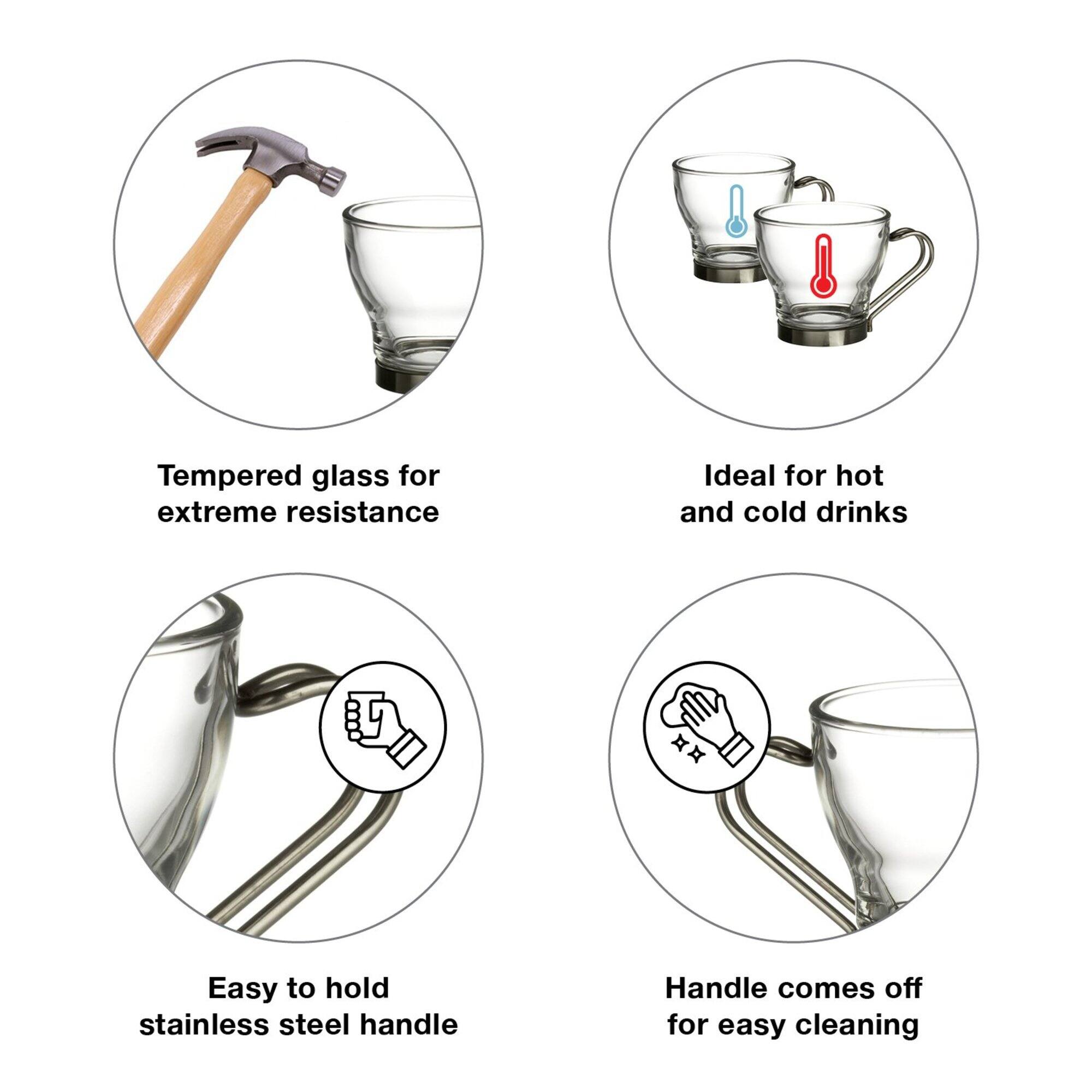 Tempered glass for extreme resistance  
Ideal for hot and cold drinks  
Easy to hold stainless steel handle  
Handle comes off for easy cleaning