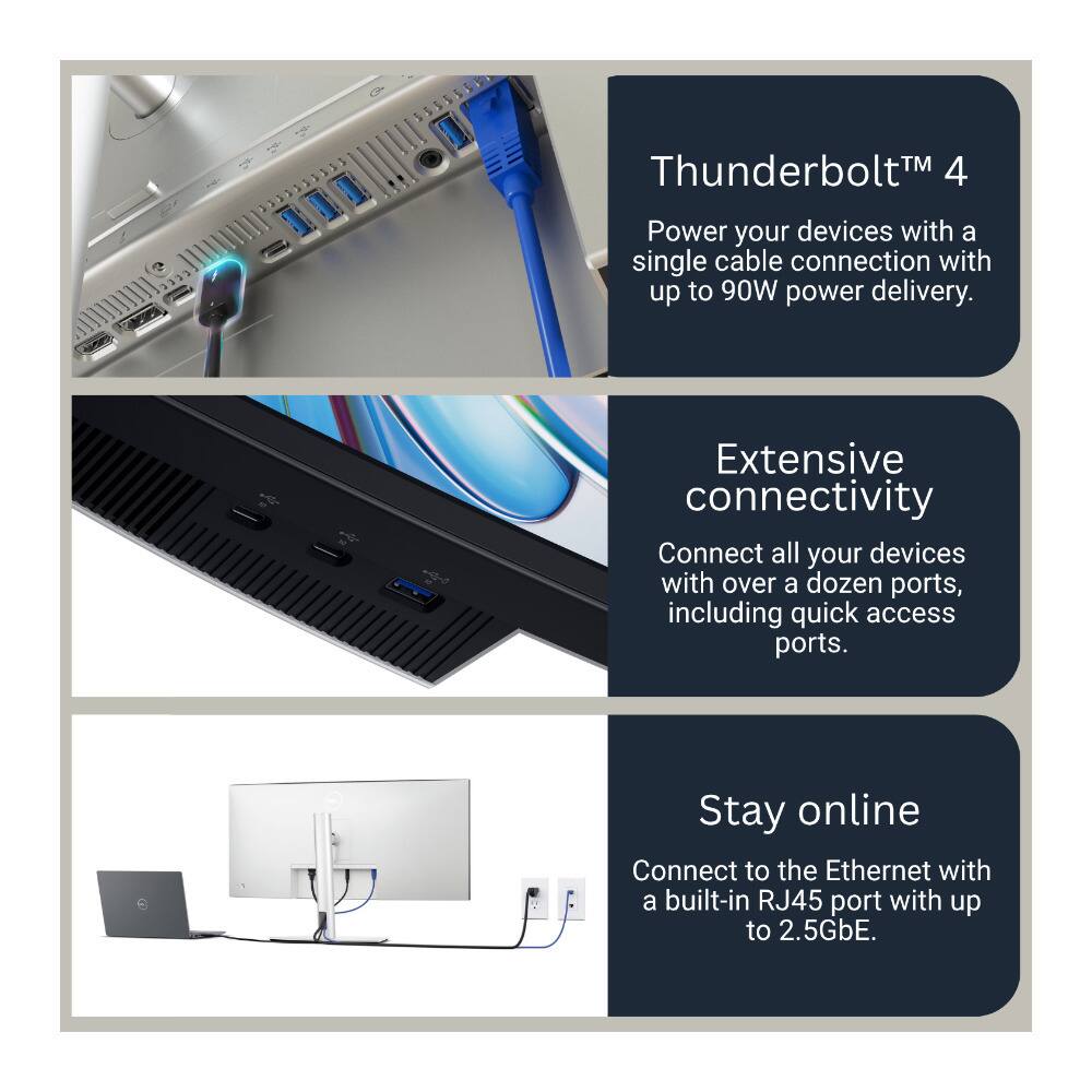 Thunderbolt™ 4  
Power your devices with a single cable connection with up to 90W power delivery.

Extensive connectivity  
Connect all your devices with over a dozen ports, including quick access ports.

Stay online  
Connect to the Ethernet with a built-in RJ45 port with up to 2.5GbE.