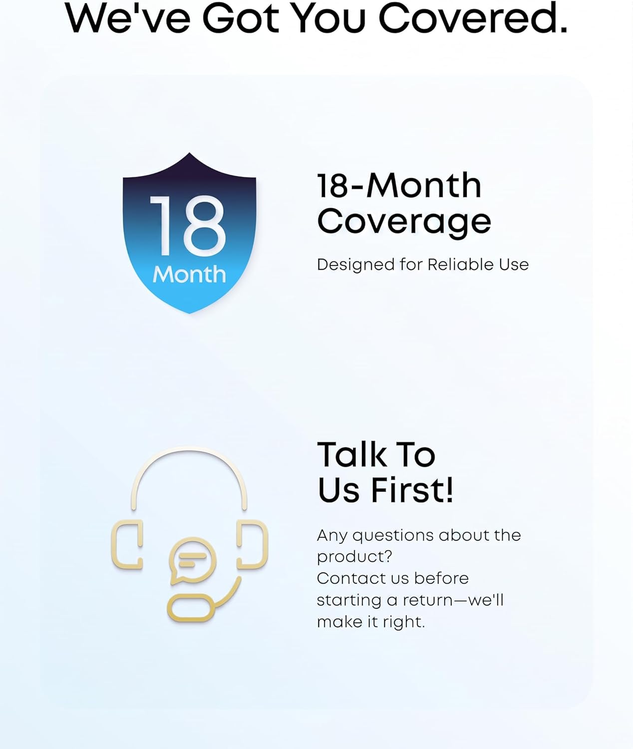 We've Got You Covered.  
18-Month Coverage  
Designed for Reliable Use  

Talk To Us First!  

Any questions about the product?  
Contact us before starting a return—we'll make it right.