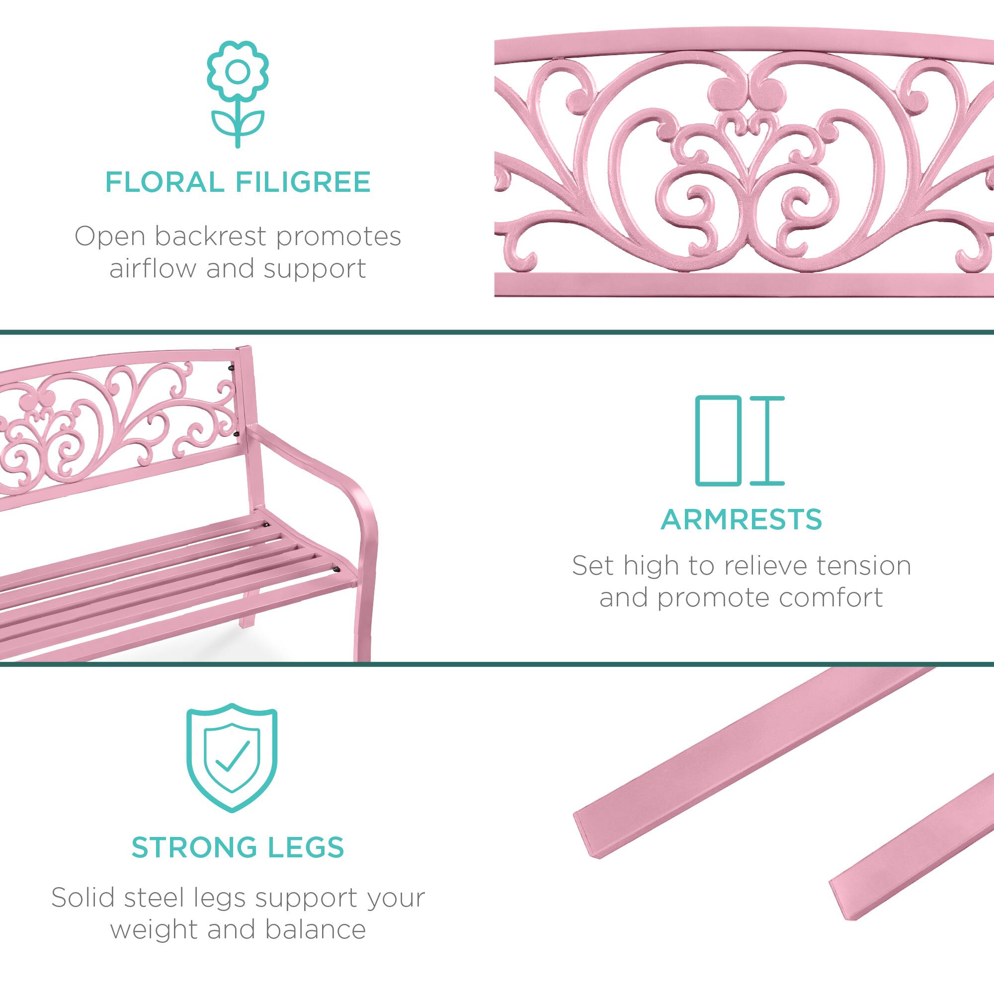 FLORAL FILIGREE  
Open backrest promotes airflow and support  

ARMRESTS  
Set high to relieve tension and promote comfort  

STRONG LEGS  
Solid steel legs support your weight and balance