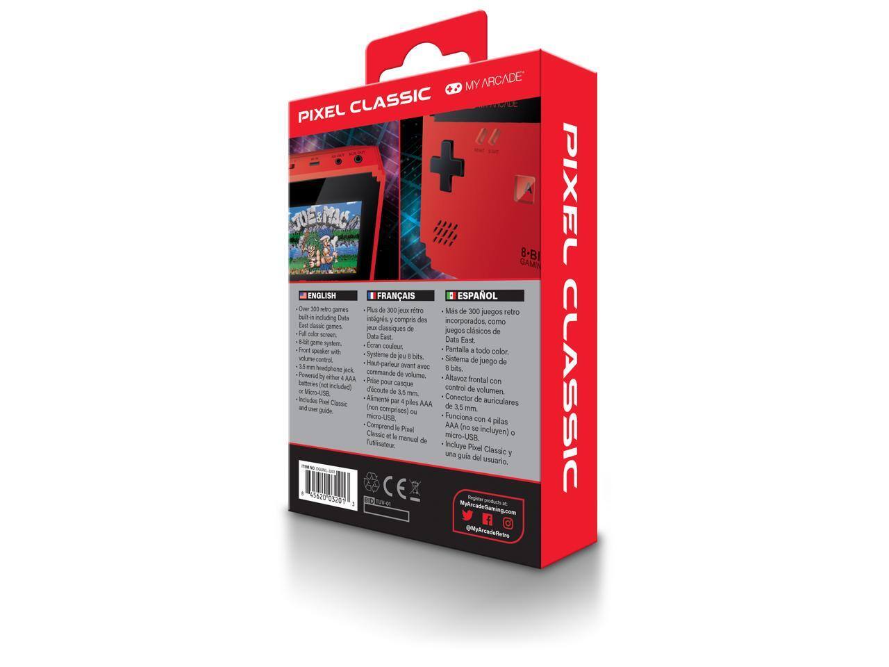 MY ARCADE PIXEL CLASSIC + JOBANAGA 8-BIT GAMING

- Over 300 retro games built-in, including Data East classic games.
- Plus de 300 jeux rétro intégrés, y compris des jeux classiques de Data East.
- Más de 300 juegos retro incorporados, como juegos clásicos de Data East.

- Color screen
- Ecran couleur
- Pantalla a todo color

- Front speaker with volume control
- Haut-parleur avant avec commande de volume
- Altavoz frontal con control de volumen

- 3.5 mm headphone jack (included)
- Prise pour casque 3.5 mm (non compris)
- Conector de auriculares 3.5 mm (no incluyen)

- Powered by 4 AAA batteries
- Alimenté par 4 piles AAA
- Funciona con 4 pilas AAA

- Includes Pixel Classic and user guides
- Incluye Pixel Classic y guía del usuario
- Comprend le Pixel Classic et le manuel d'utilisateur

- Micro-USB
- Micro-USB

- 8-bit game system
- Système de jeu de 8