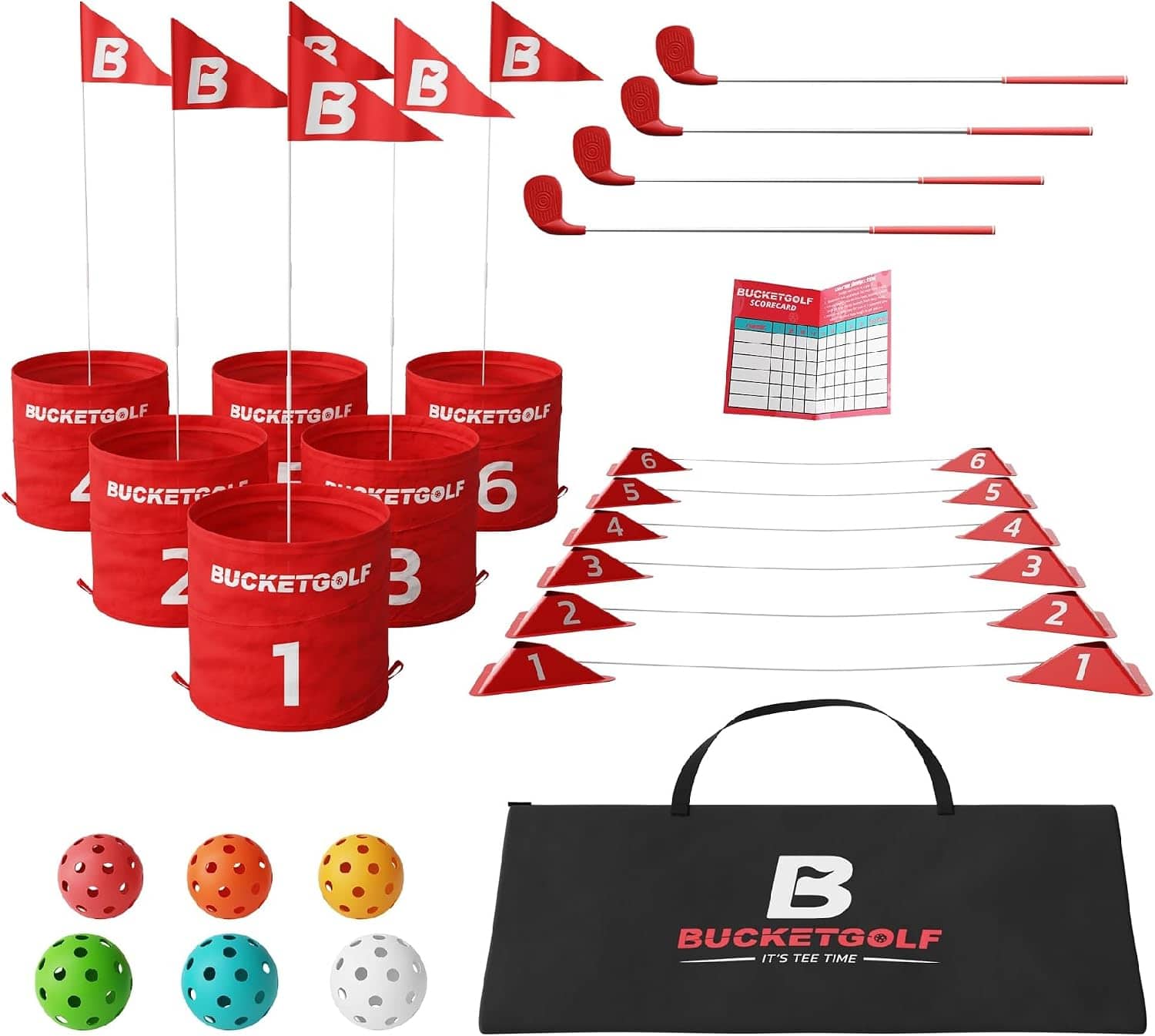 BUCKETGOLF - 6 Hole Bundle Set | Ultimate Backyard Golf Game with 4 Right-Handed Clubs | Portable with Custom Course Design - Red