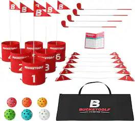 BUCKETGOLF - 6 Hole Bundle Set | Ultimate Backyard Golf Game with 4 Right-Handed Clubs | Portable with Custom Course Design - Red