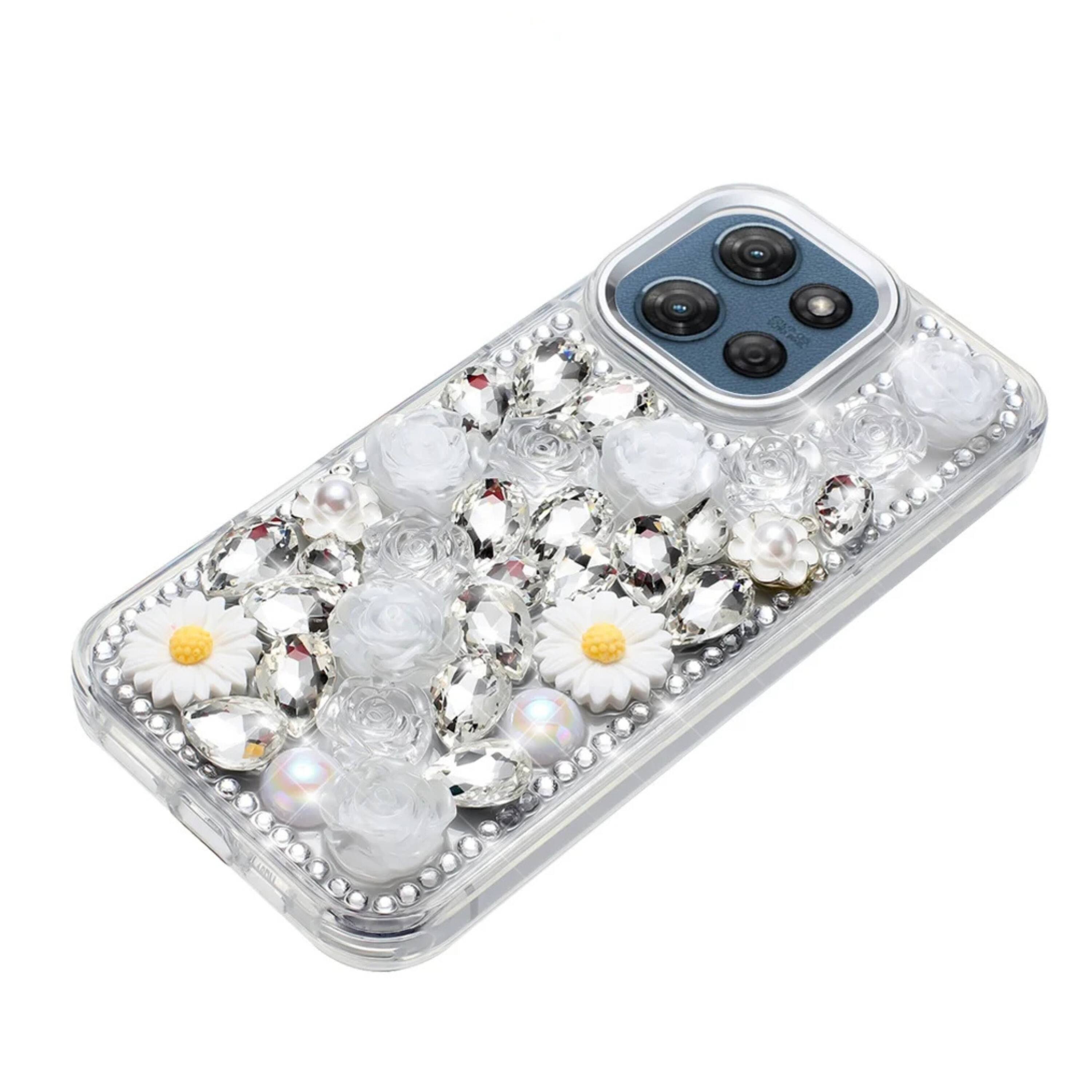 Angle. Kitcheniva - 3D Bling Jewel Phone Case With Tempered Glass For Moto G 2025 2026 G Play 2026 White - White.