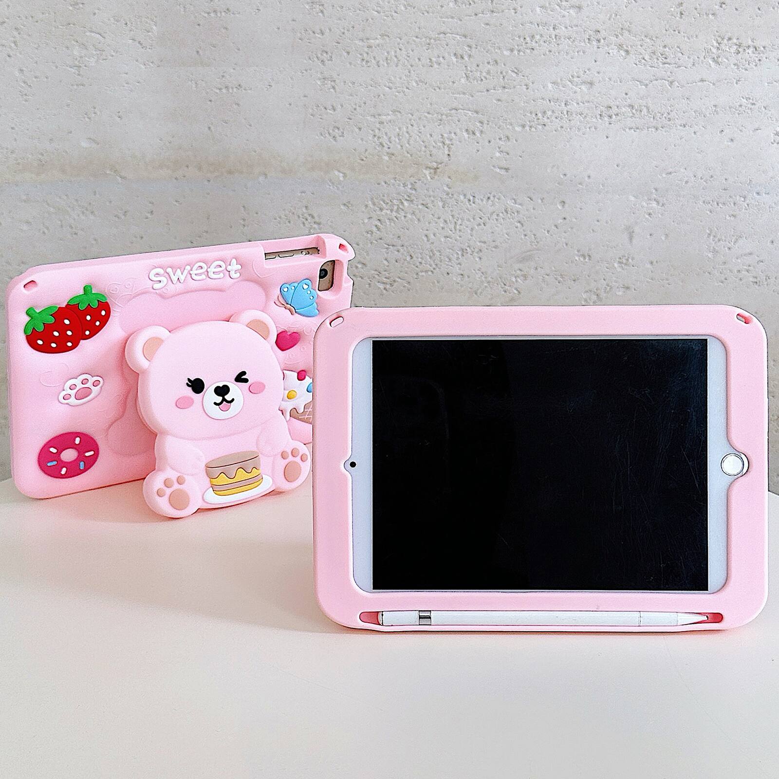Back. Dteck - Kids Case for iPad A16 11th Generation 2025 & iPad 10th Generation 10.9" 2022, Silicone 3D Cartoon Cute Design - Pink Bear.
