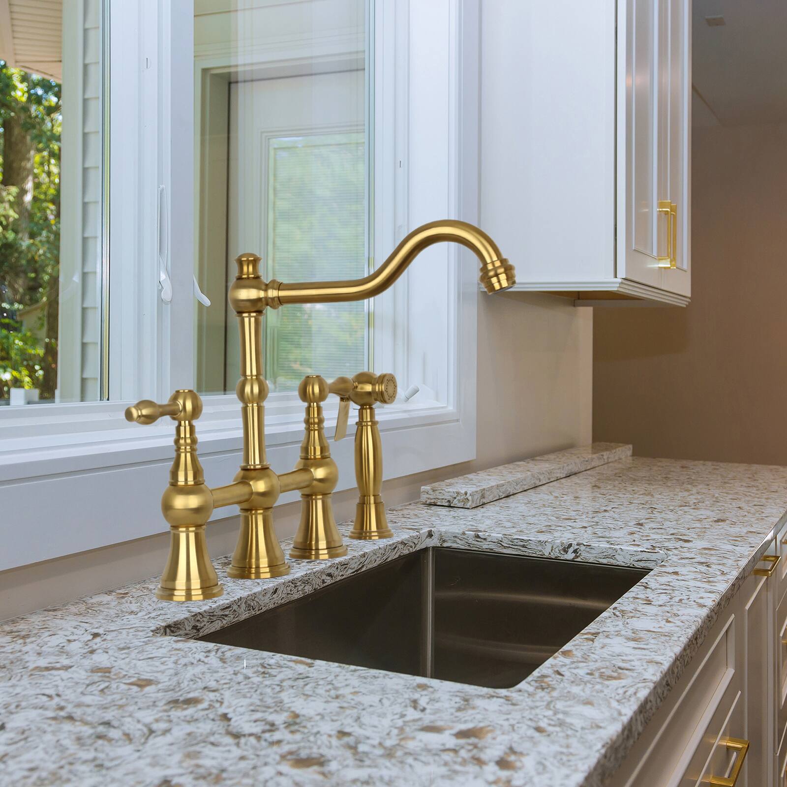Alt View 4. Akicon - Akicon Solid Brass Bridge Kitchen Faucets with Side Sprayer 2 Lever Handles in Brushed Gold - Brushed Gold.