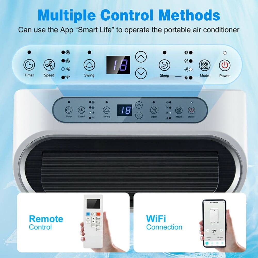 Multiple Control Methods  
Can use the App "Smart Life" to operate the portable air conditioner  
Timer  
Speed  
Swing  
Sleep Mode  
Power  
Timer & Speed Swing  
18  
Sleep  
Made in China  
Remote Control  
WiFi Connection  
29