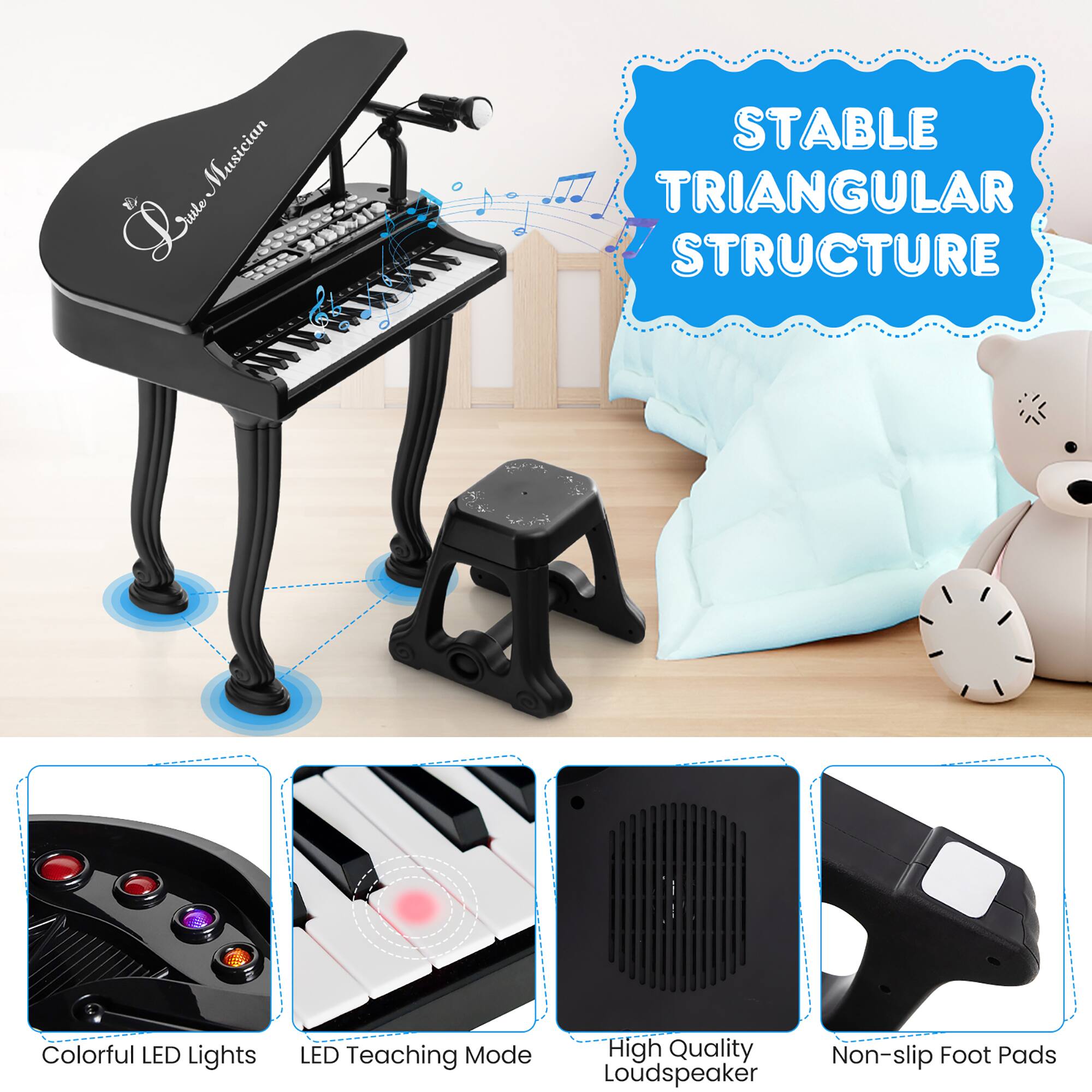 - Musician
- Stable Triangular Structure
- Colorful LED Lights
- LED Teaching Mode
- High Quality Loudspeaker
- Non-slip Foot Pads