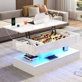 Espafurni - 39.4" Lift Top Coffee Table with LED Lights & Storage High gloss finish App-controlled lighting Multi-room use - White