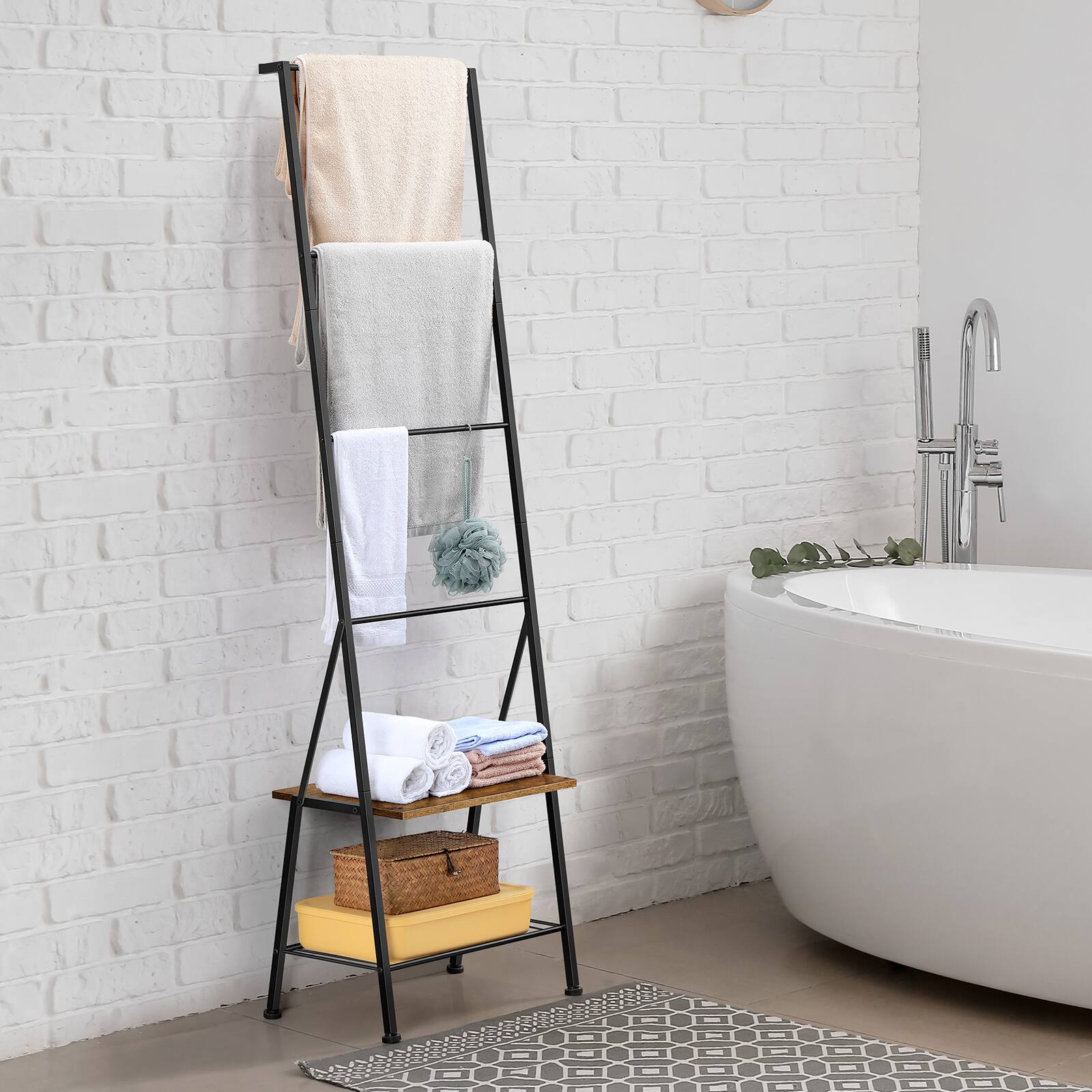 Alt View 1. Oumilen - 4-Tier Leaning Blanket Ladder Rack with Storage Shelves, Matte Black Metal Towel Quilt Blanket Holder with 8 Hooks - Brown.