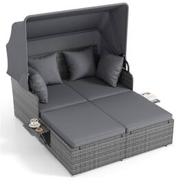 Boyel Living - Patio Rattan Daybed with Retractable Canopy and Side Tables 65-in L x 60.5-in W x 54.5-in H - Gray