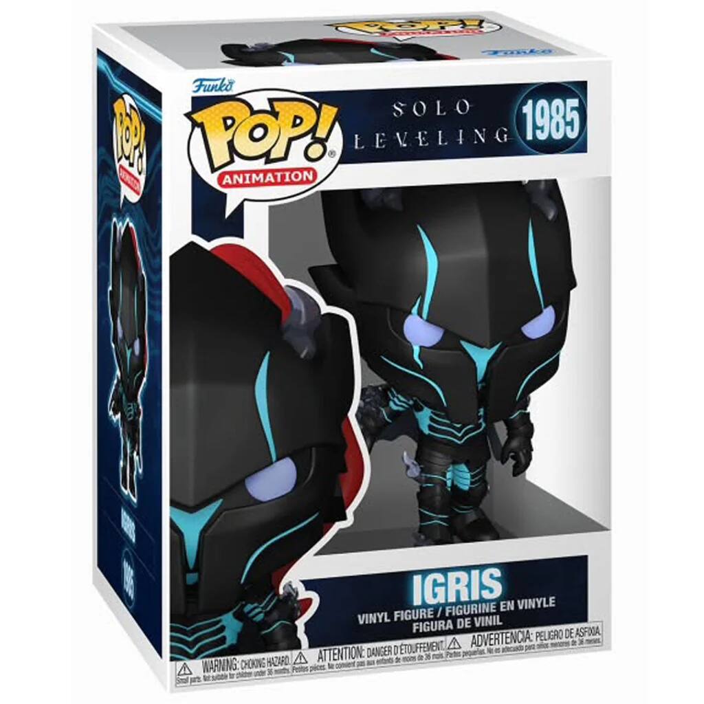 Funko POP!  
ANIMATION  

SOLO LEVELING  
1985  

IGRIS  
VINYL FIGURE / FIGURINE EN VINYLE / FIGURA DE VINIL  

WARNING: CHOKING HAZARD ⚠️ ATTENTION: DANGER D'ÉTOUFFEMENT ⚠️ ADVERTENCIA: PELIGRO DE ASFIXIA ⚠️  
Small parts. Not suitable for children under 3 years.  
Pequeñas piezas. No apto para menores de 3 años.  
Peças pequenas. Não é adequado para crianças menores de 3 anos.