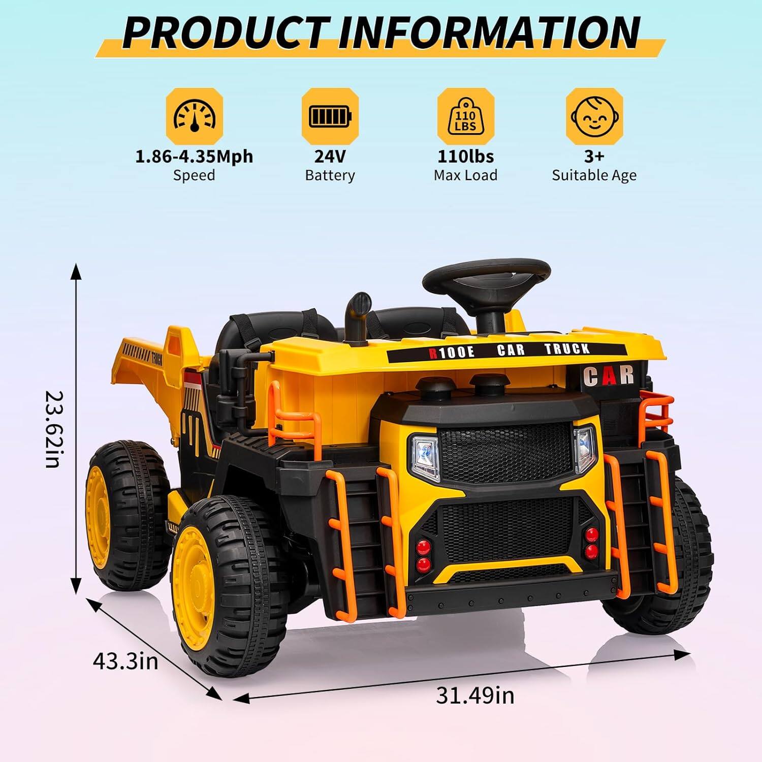 PRODUCT INFORMATION

- Speed: 1.86-4.35Mph
- Battery: 24V
- Max Load: 110lbs
- Suitable Age: 3+
- Dimensions: 43.3in (width) x 31.49in (depth) x 23.62in (height)