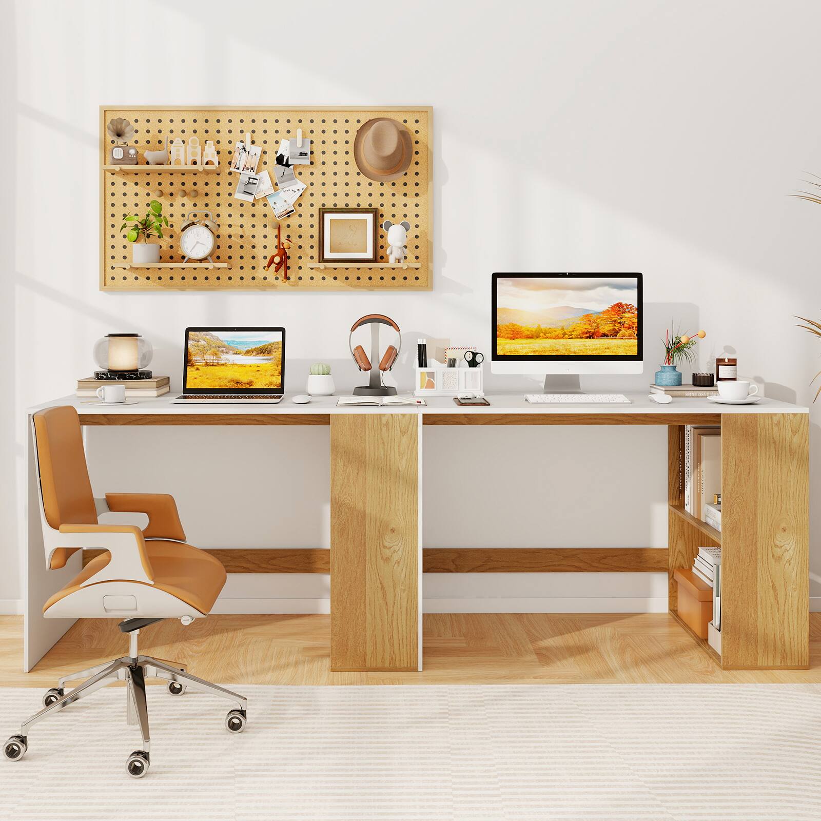 Alt View 5. Gymax - Gymax Computer Desk 44'' Home Office Desk w/ 2-Tier Bookshelf Study Writing Desk White & Natural - Yellow.