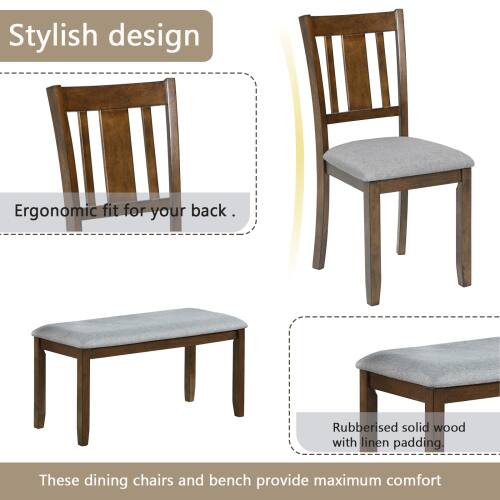 Stylish design. Ergonomic fit for your back. Rubberised solid wood with linen padding. These dining chairs and bench provide maximum comfort.