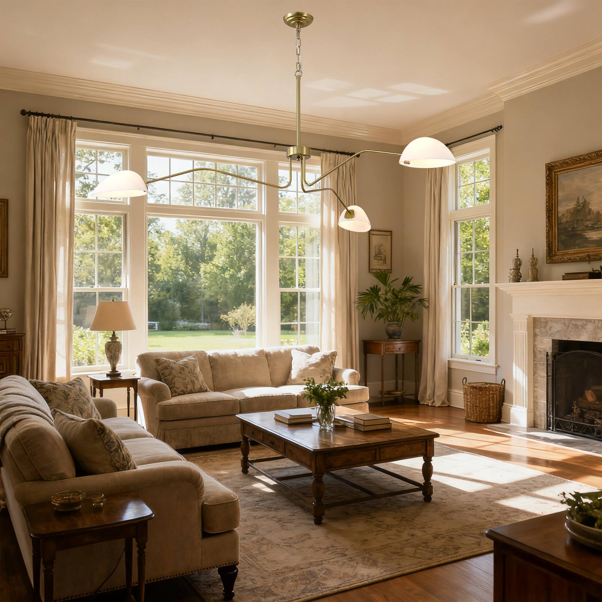 Back. RYHNUYNE - 3-Light Brass Chandelier Adjustable Mid-Century Pendant Light with Milky Glass Shades for Dining Rooms - Brass.