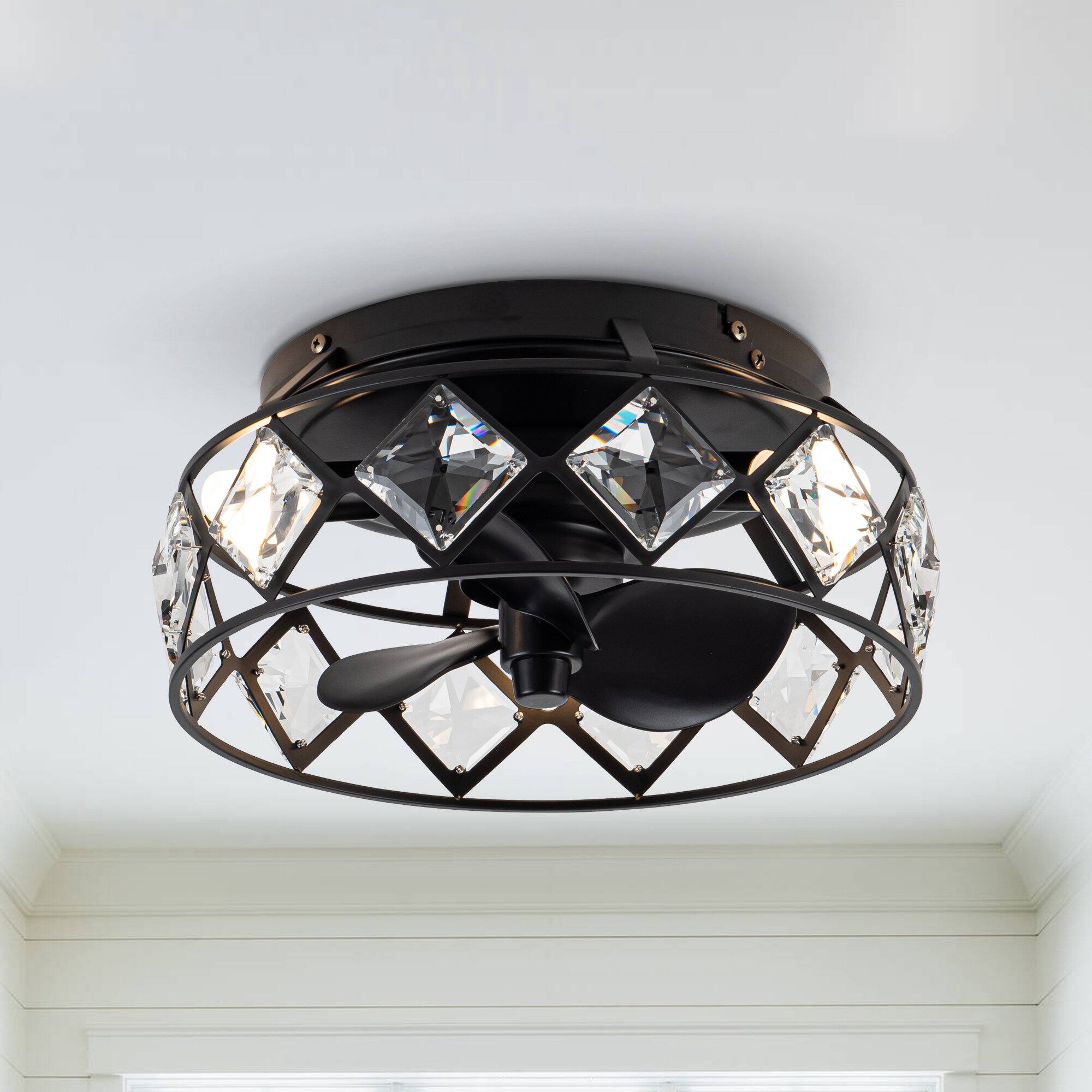 Angle. Parrot Uncle - 12" Modern Black Crystal Ceiling Fan with LED Light and Remote - Matte Black.