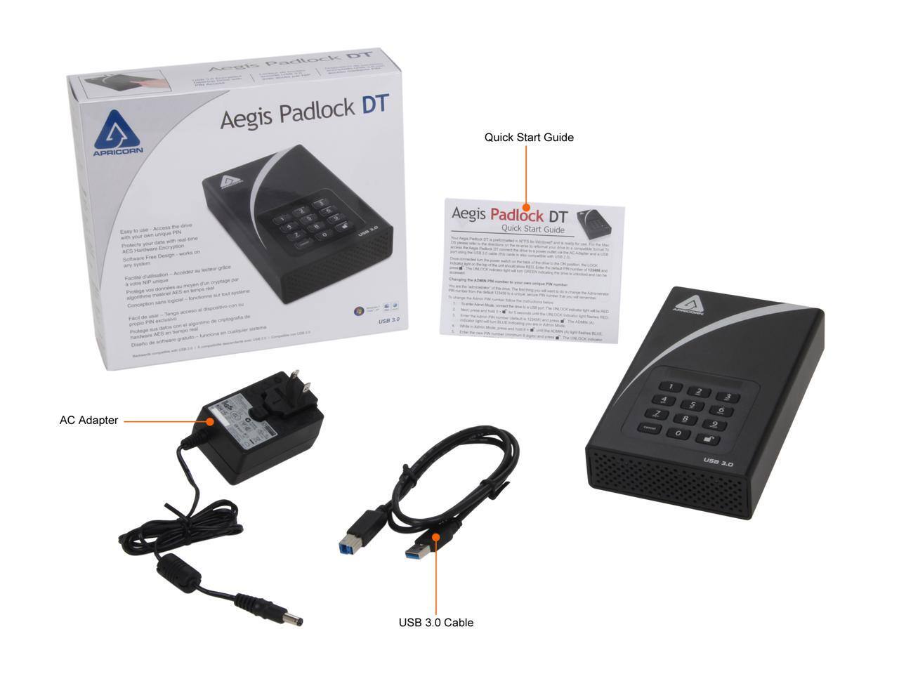 DT Aegis Padlock APRICORN Padlock DT Aegis Quick Start Guide  
Encryption AES Design  
Aegis Padlock DT Quick Start Guide  
AC Adapter  
USB 3.0 Cable