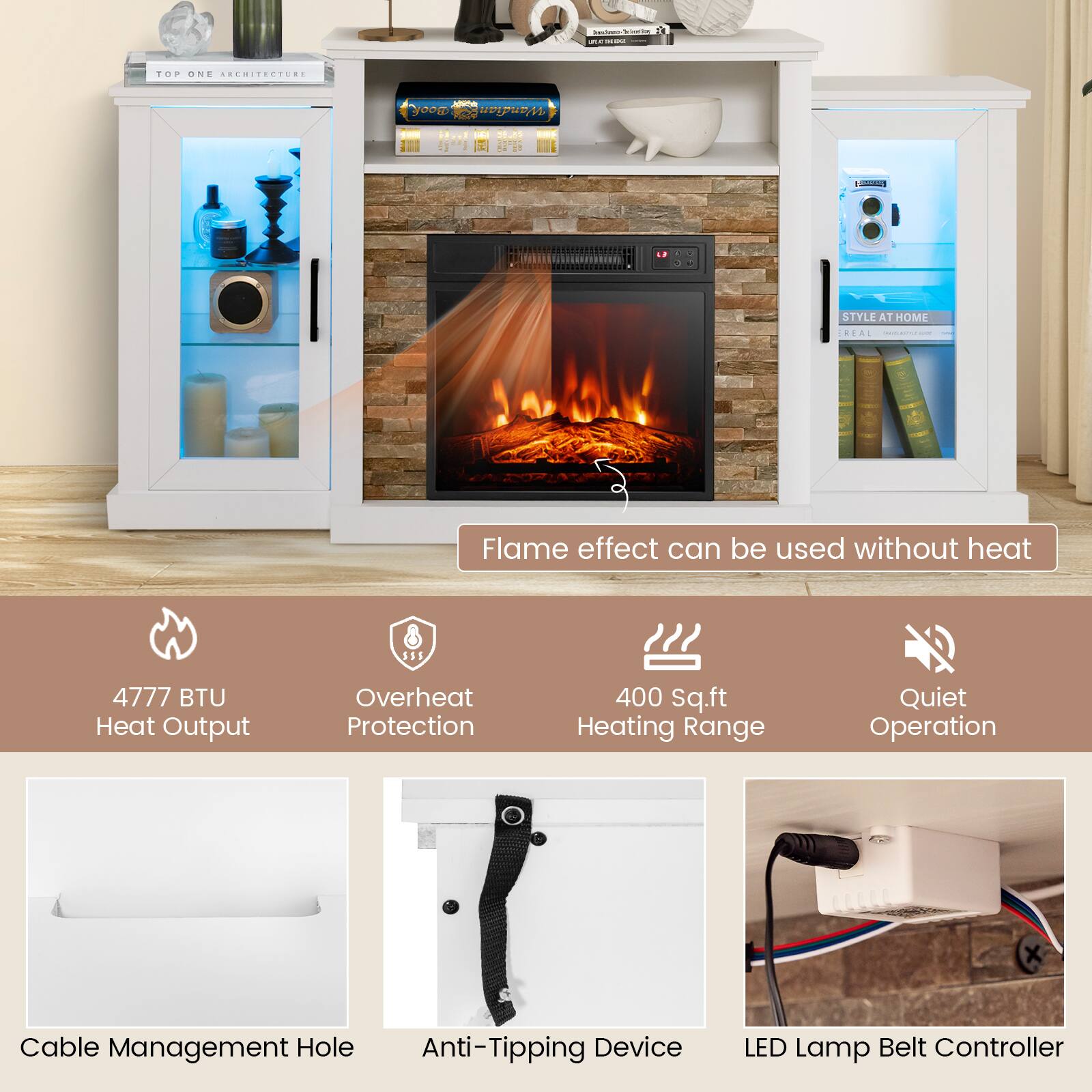 I - - -E : -d. TOP ONE ARCHITECIUOS yoog  .. : : STYLE AT HOME RA . A |  e Flame effect can be used without heat 555 4777 BTU Heat Output Overheat Protection 400 Sq.ft Heating Range Quiet Operation Cable Management Hole Anti-Tipping Device LED Lamp Belt Controller