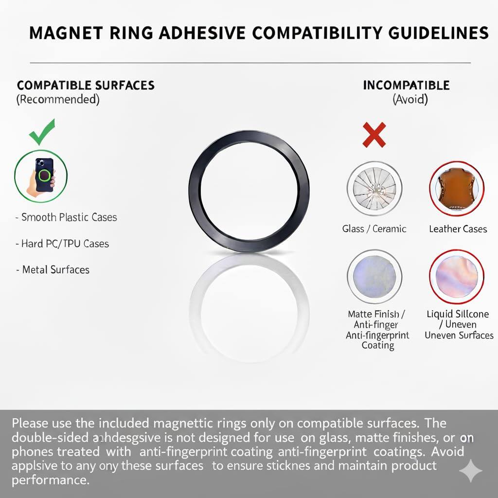**MAGNET RING ADHESIVE COMPATIBILITY GUIDELINES**

**COMPATIBLE SURFACES**  
(Recommended)  
- Smooth Plastic Cases  
- Hard PC/TPU Cases  
- Metal Surfaces  

**INCOMPATIBLE**  
(Avoid)  
- Glass / Ceramic  
- Leather Cases  
- Matte Finish / Anti-finger Anti-fingerprint Coating  
- Liquid Silicone / Uneven Surfaces  

Please use the included magnetic rings only on compatible surfaces. The double-sided adhesive is not designed for use on glass, matte finishes, or on phones treated with anti-fingerprint coatings. Avoid applying to any of these surfaces to ensure stickiness and maintain product performance.