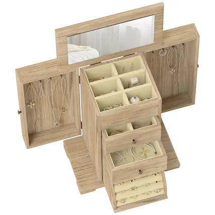 Front. Homcom - HOMCOM 4-Tier Wooden Jewelry Organizer: Rotating Mirror & Drawers for Rings Earrings, Brown.