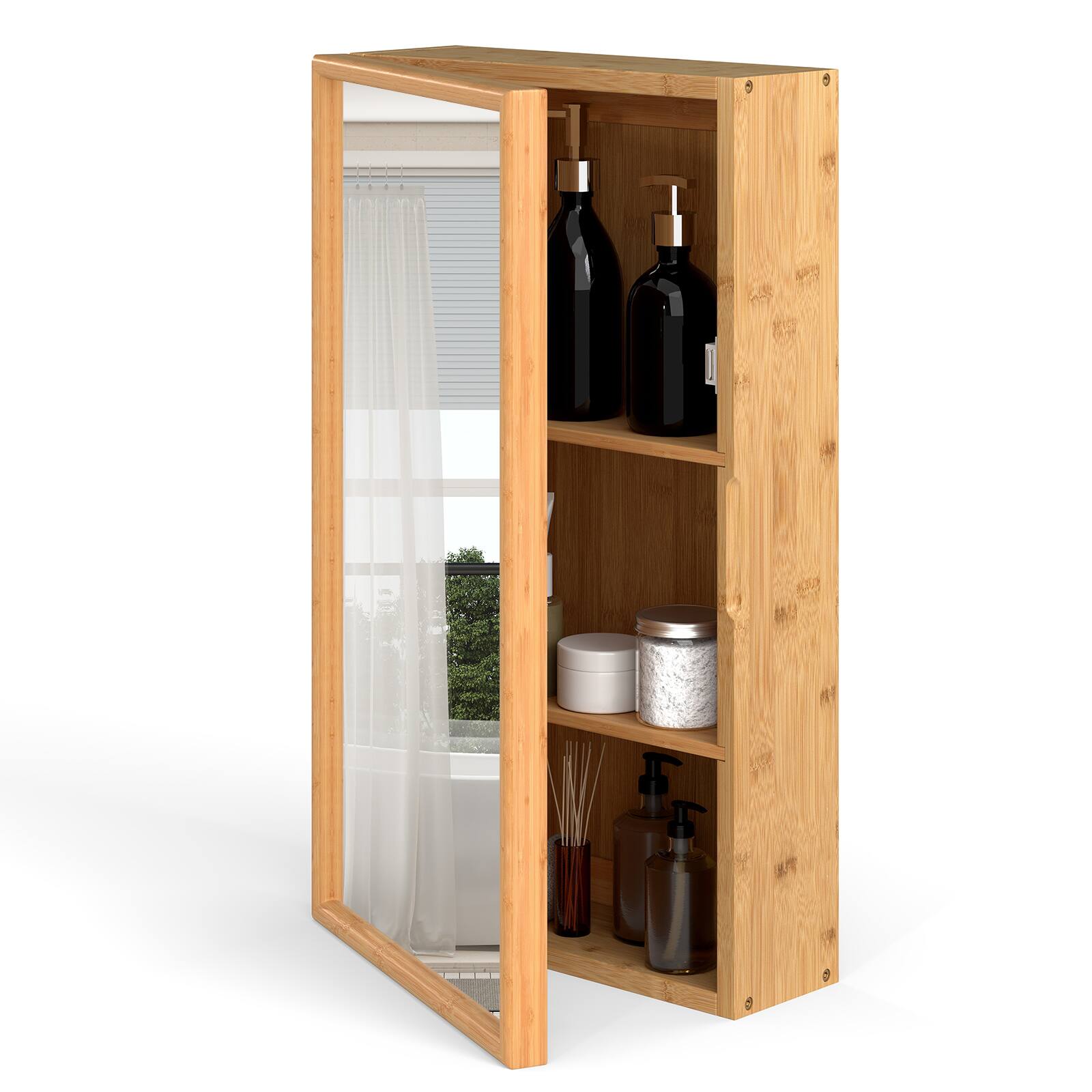 Front. Gymax - Gymax Small Medicine Cabinet 14'' x 24'' Bamboo Storage Organizer w/ Mirror Door - Natural.