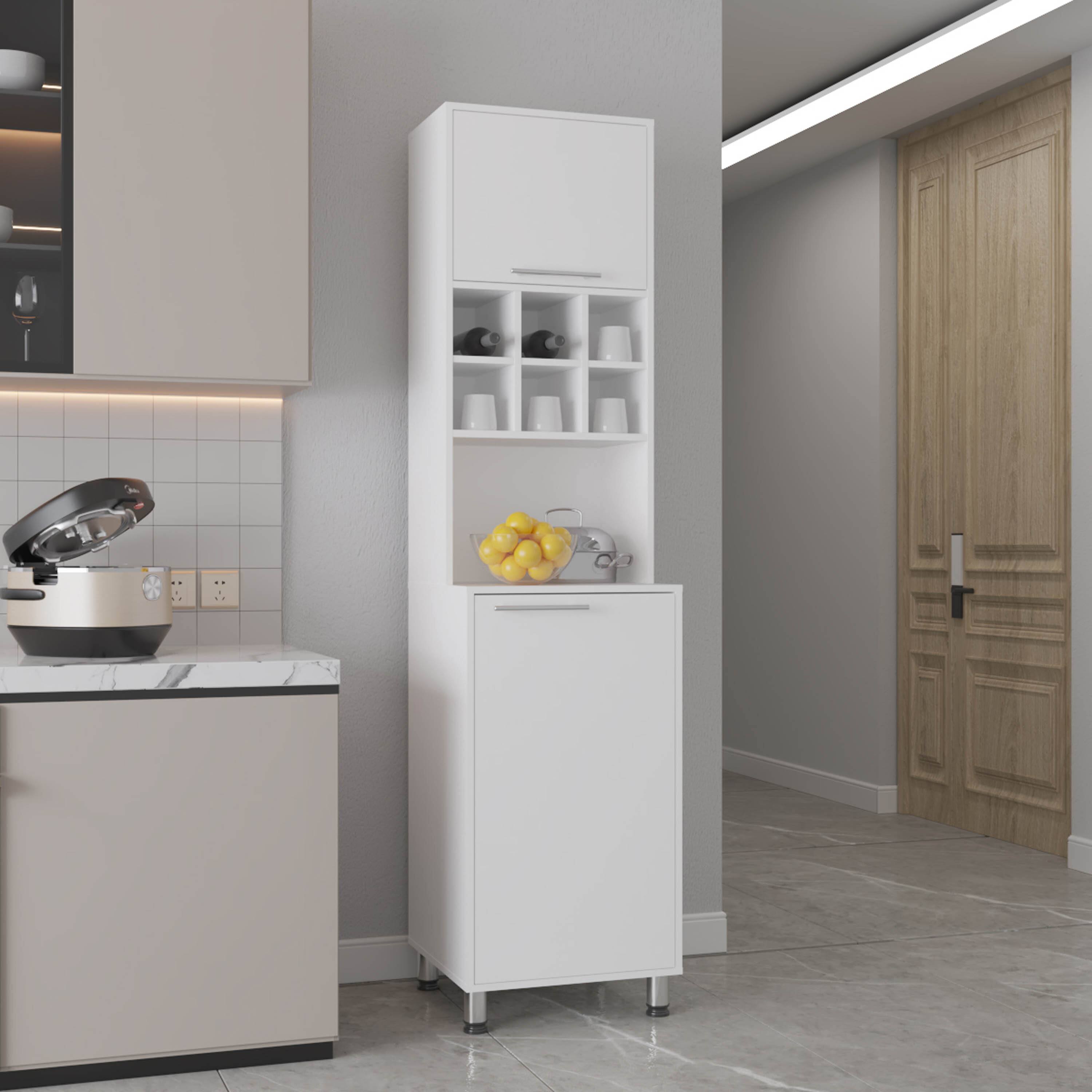 Angle. TuHome - Tall Kitchen Pantry with Two Doors, Interior Storage Shelves, Six Bottle Racks and Open Countertop - White.