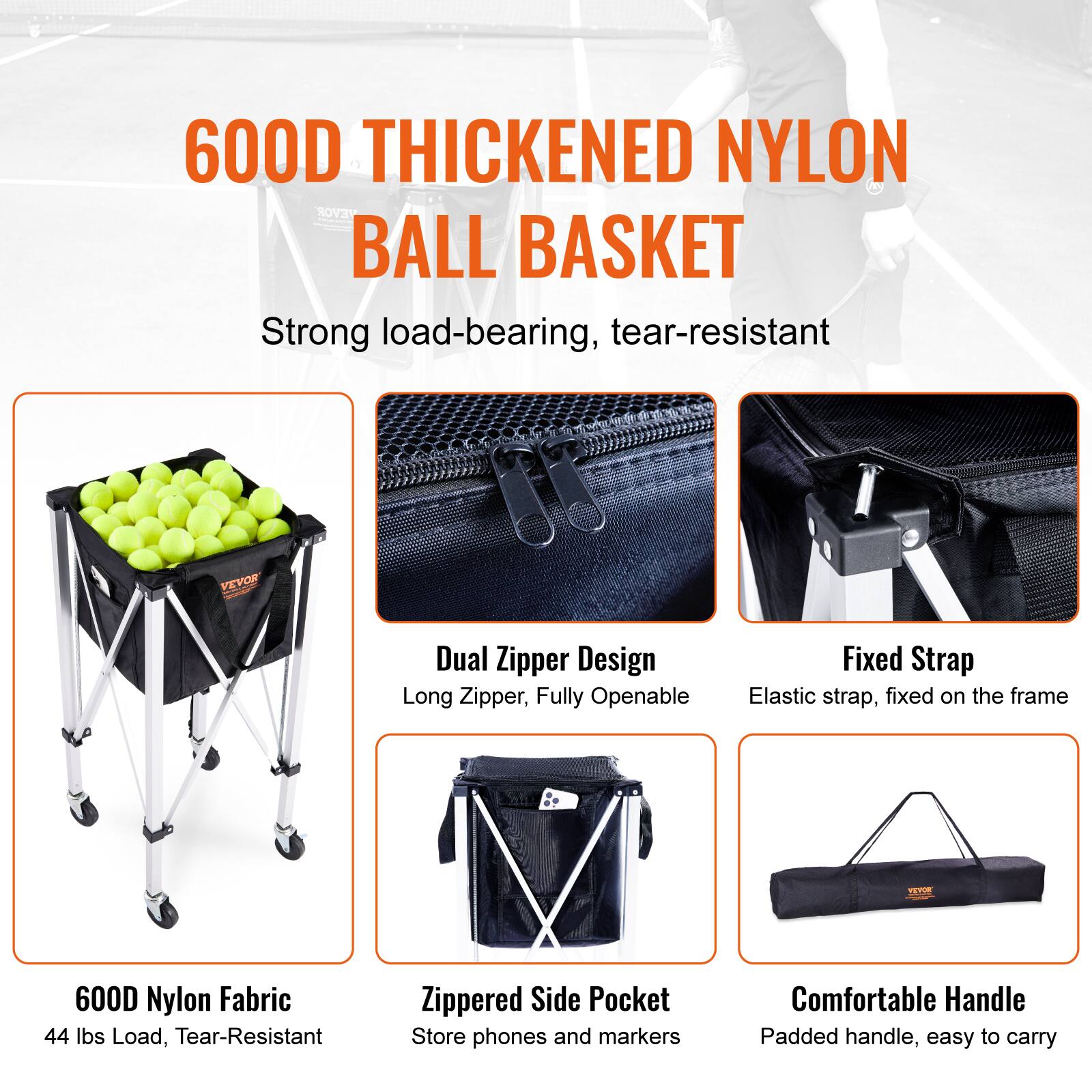 600D Thickened Nylon Ball Basket  
Strong load-bearing, tear-resistant  

- 600D Nylon Fabric  
  44 lbs Load, Tear-Resistant  

- Dual Zipper Design  
  Long Zipper, Fully Openable  

- Fixed Strap  
  Elastic strap, fixed on the frame  

- Zippered Side Pocket  
  Store phones and markers  

- Comfortable Handle  
  Padded handle, easy to carry