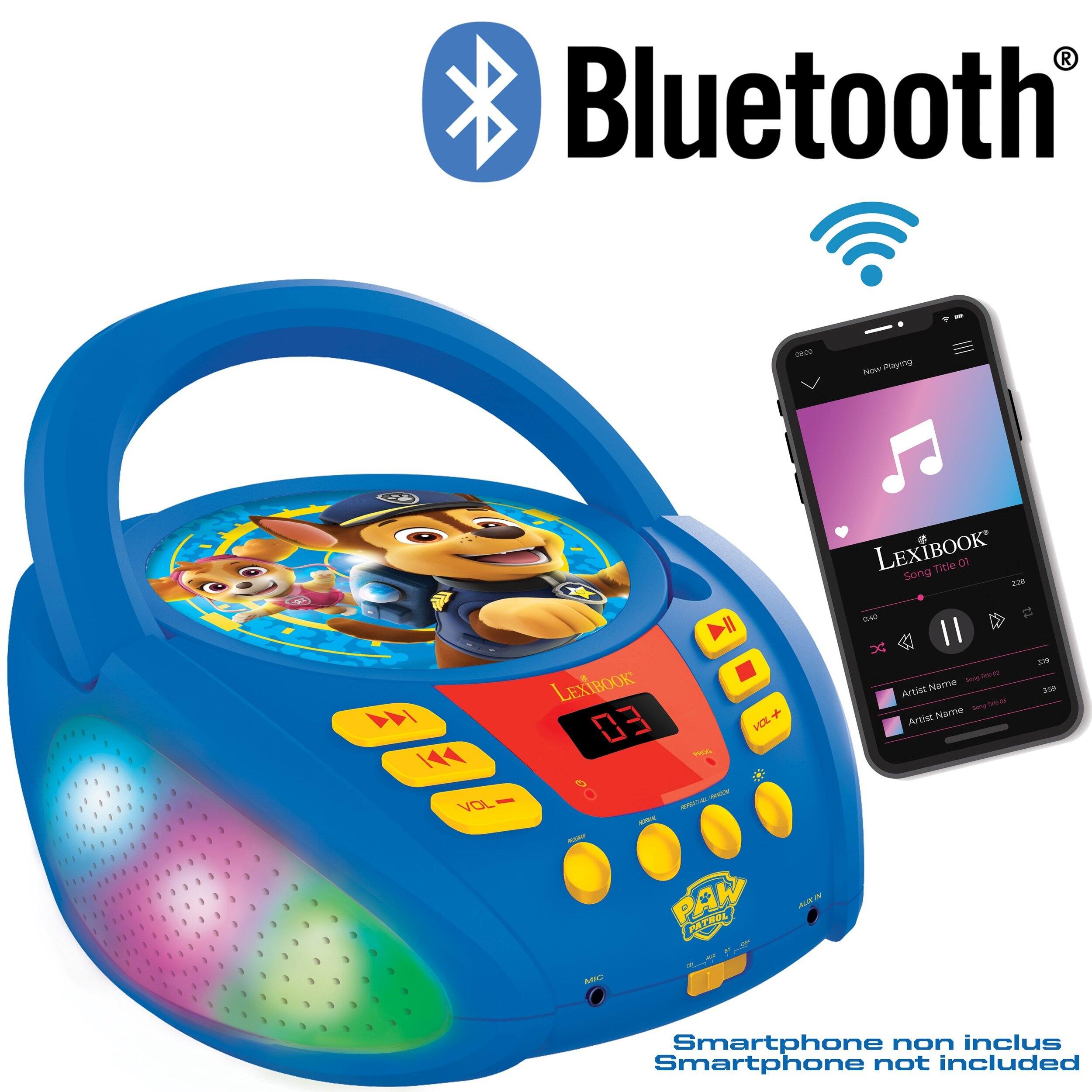 Bluetooth - Now Playing 1 111 VOL l LEXIBOOK + 03 V - -    PAW PATROL - LEXIBOOK Title B Song au - II DC - - sere Ai Name - - - Artist Name an ase A Smartphone non inclus Smartphone not included