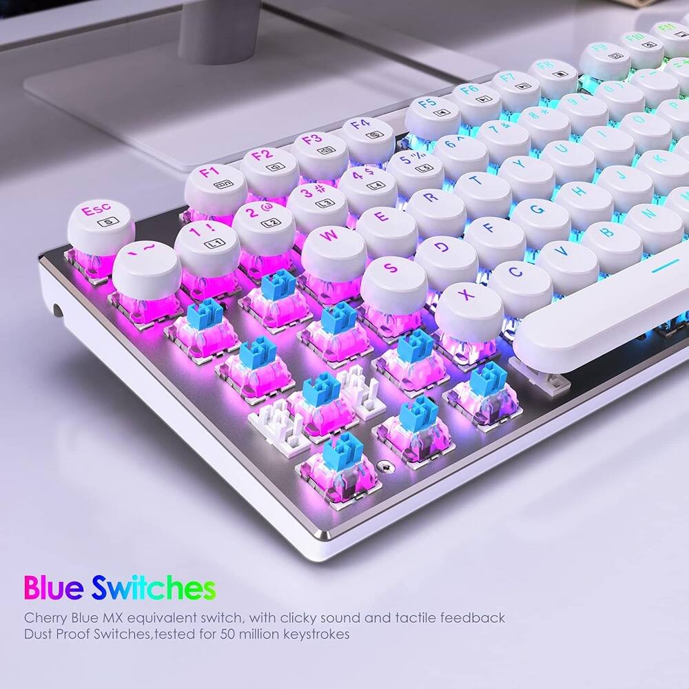 Blue Switches

Cherry Blue MX equivalent switch, with clicky sound and tactile feedback

Dust Proof Switches, tested for 50 million keystrokes