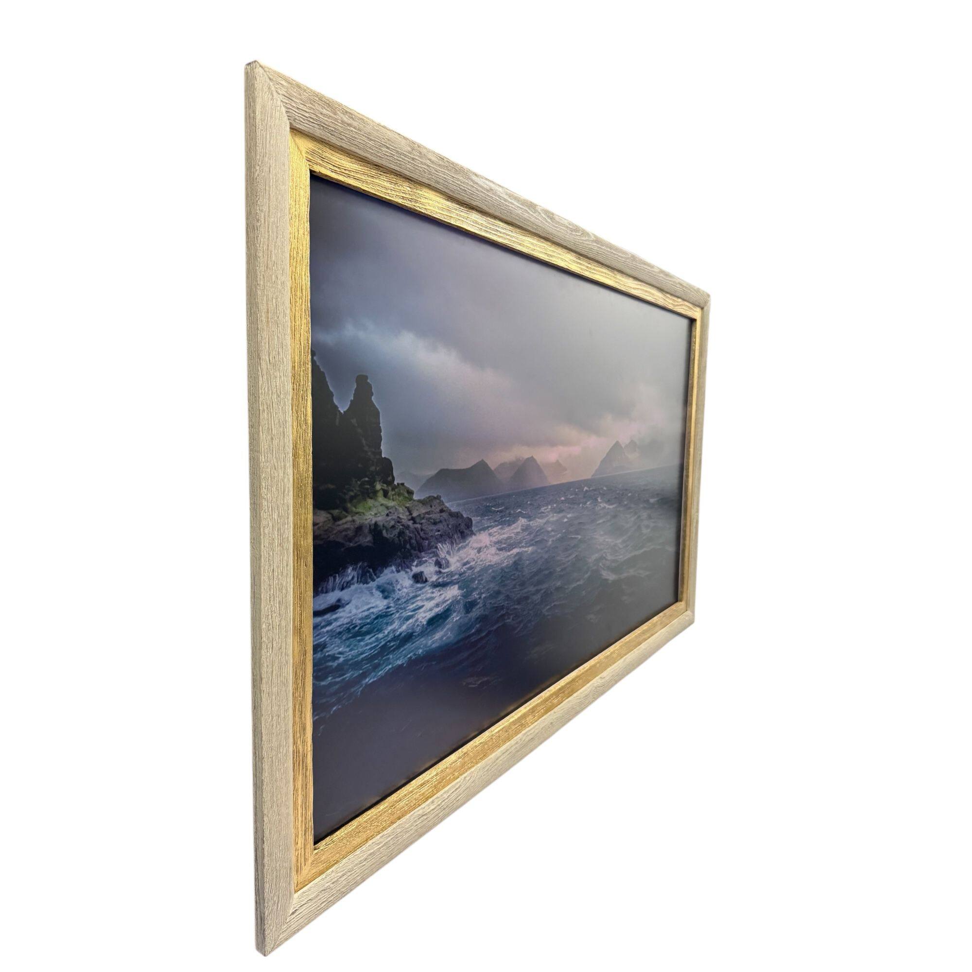 Angle. LAREDO FRAME FACTORY - 65 inch Handmade wood For TCL NXTVISION Tv - RUSTIC CREAM WITH GOLD LEAF.